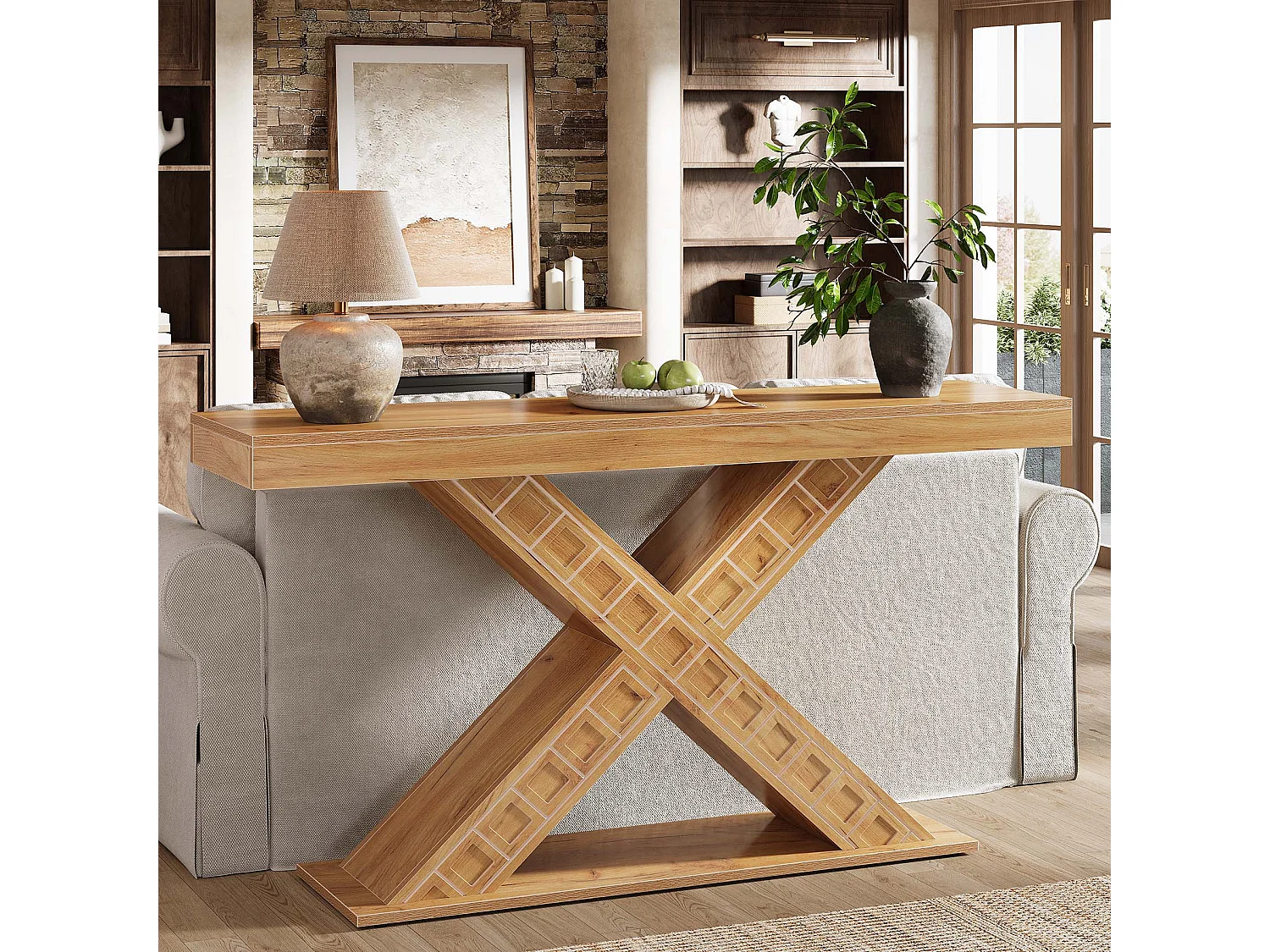 Table console étroite de 140 cm avec base géométrique pour entrée, couloir, foyer, salon