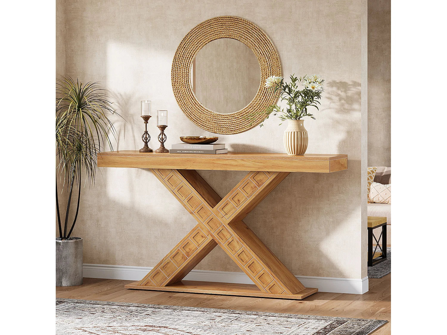 Table console étroite de 140 cm avec base géométrique pour entrée, couloir, foyer, salon