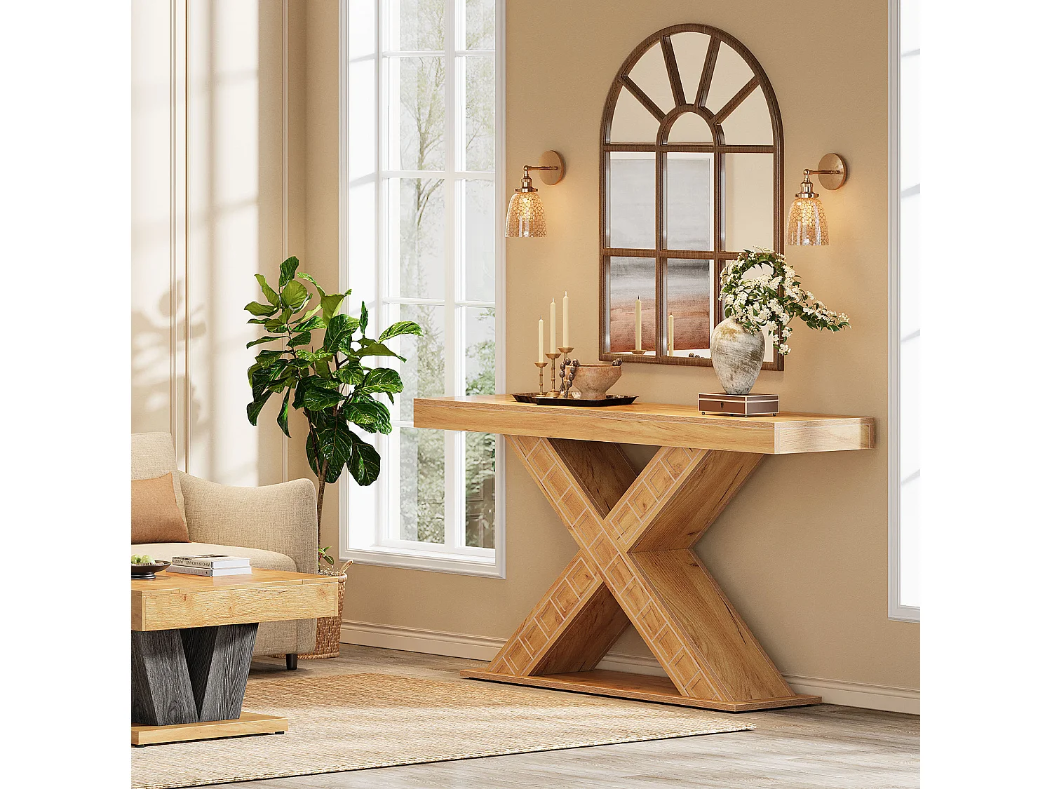 Table console étroite de 140 cm avec base géométrique pour entrée, couloir, foyer, salon