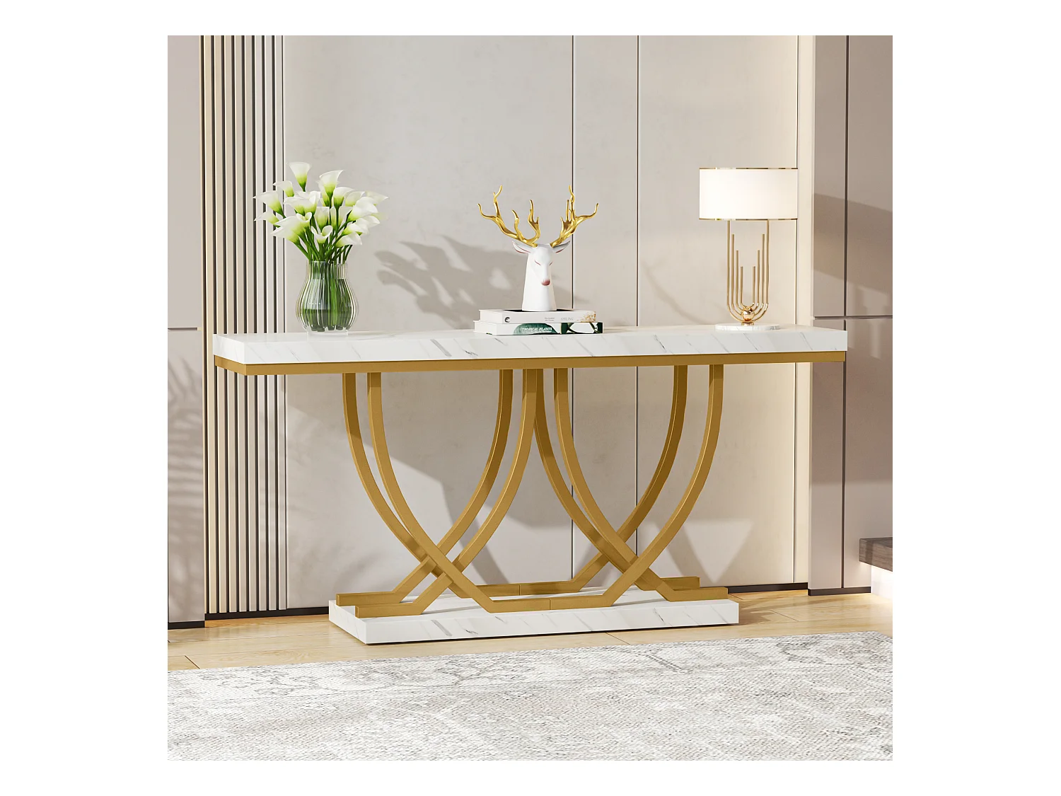 Table Console, Table d'entrée Moderne, Table de canapé doré derrière Le canapé