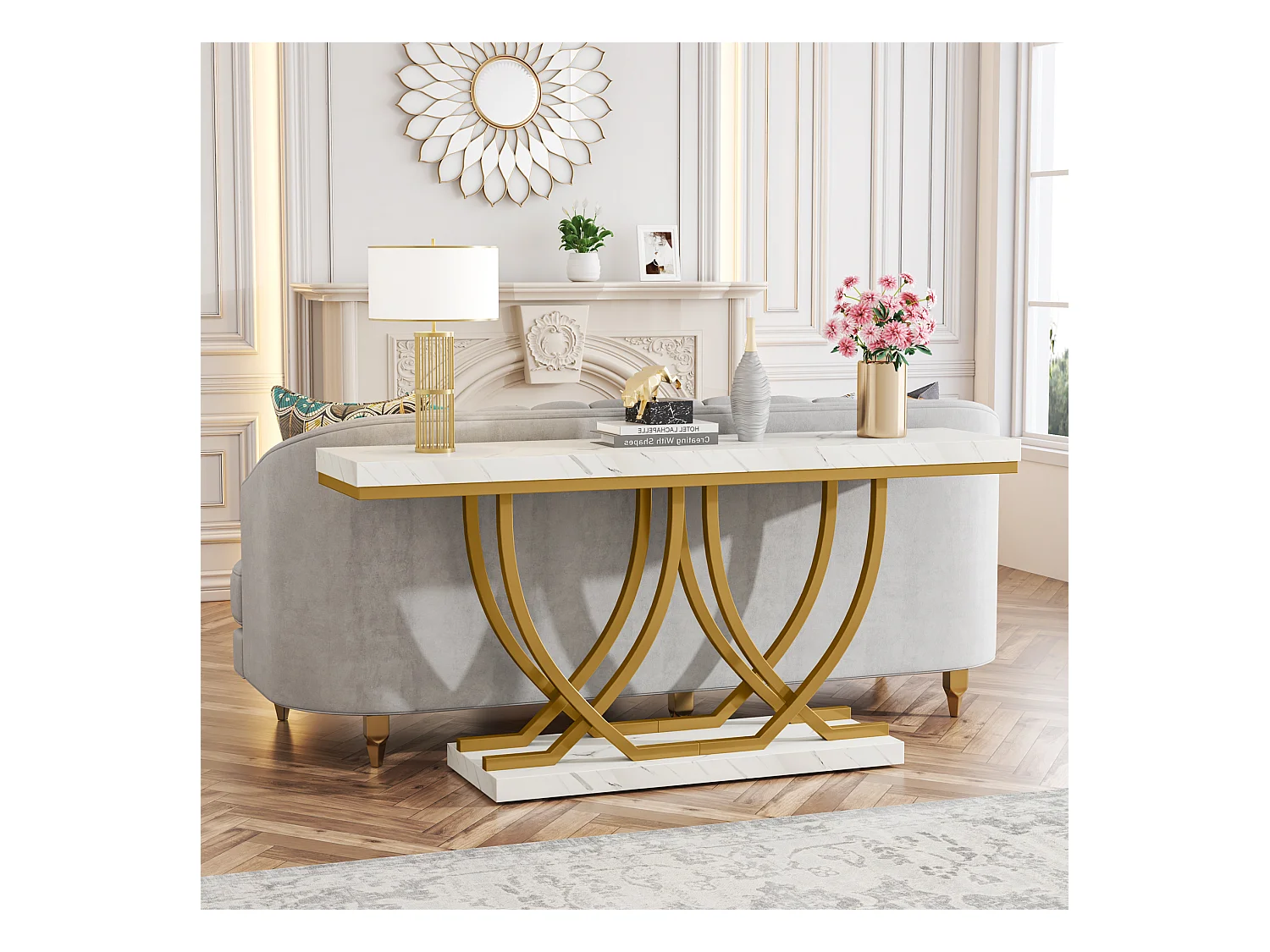 Table Console, Table d'entrée Moderne, Table de canapé doré derrière Le canapé