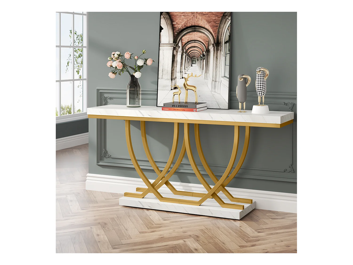 Table Console, Table d'entrée Moderne, Table de canapé doré derrière Le canapé