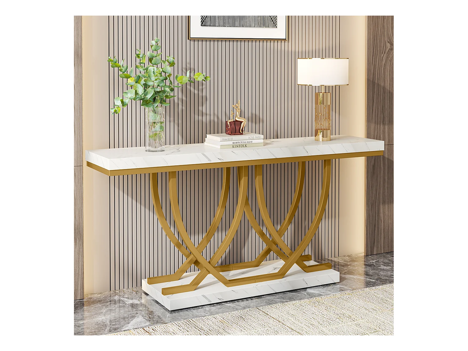 Table Console, Table d'entrée Moderne, Table de canapé doré derrière Le canapé