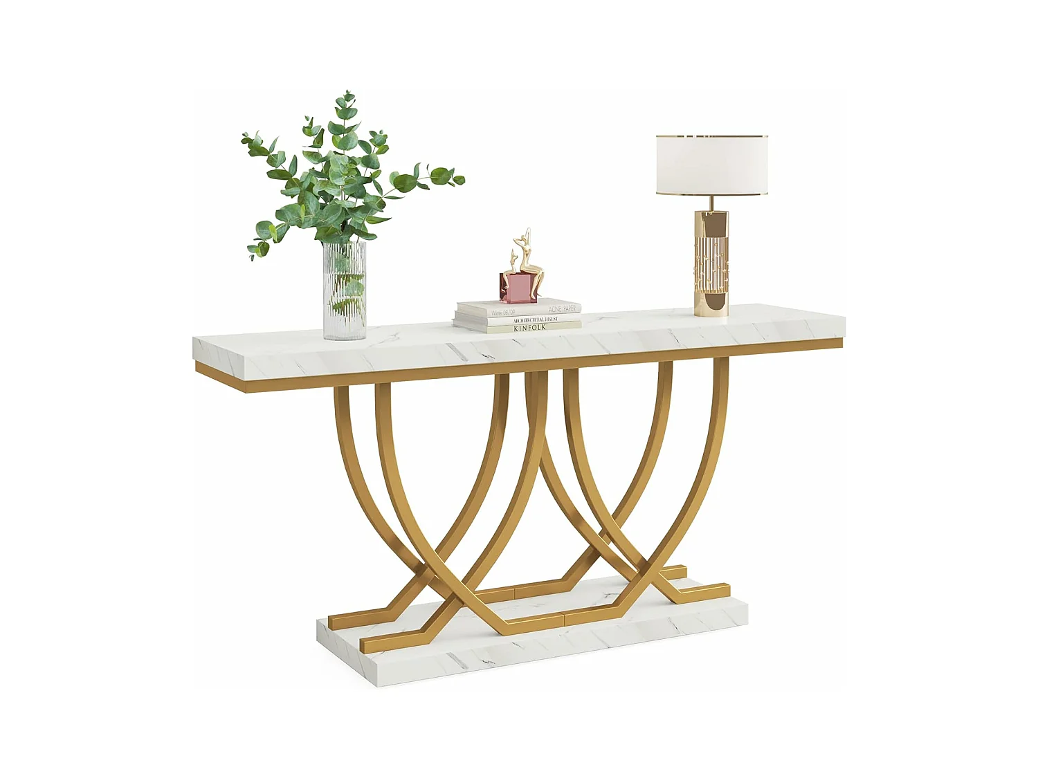 Mesa de consola, Mesa de entrada moderna, Mesa de salón dorada detrás del sofá