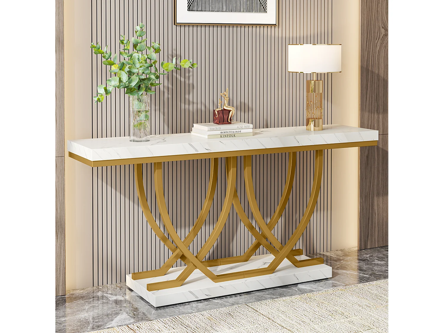 Stolik konsolowy, nowoczesny stolik do przedpokoju, złoty stolik za sofą