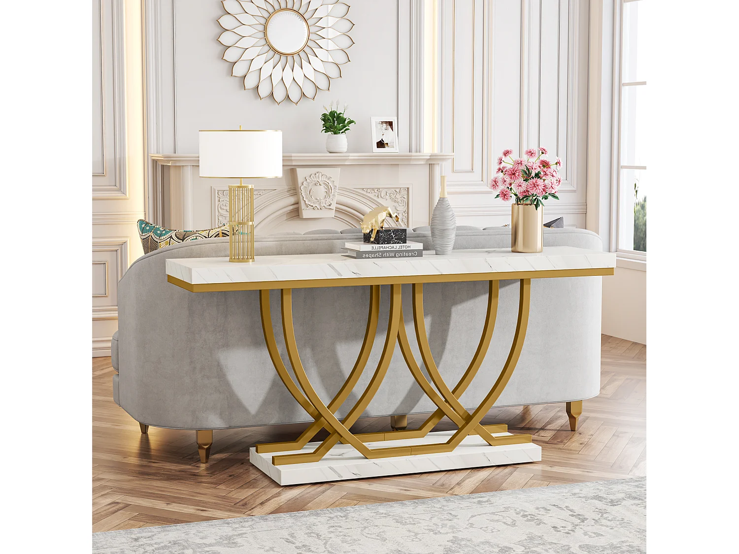 Table Console, Table d'entrée Moderne, Table de canapé doré derrière Le canapé