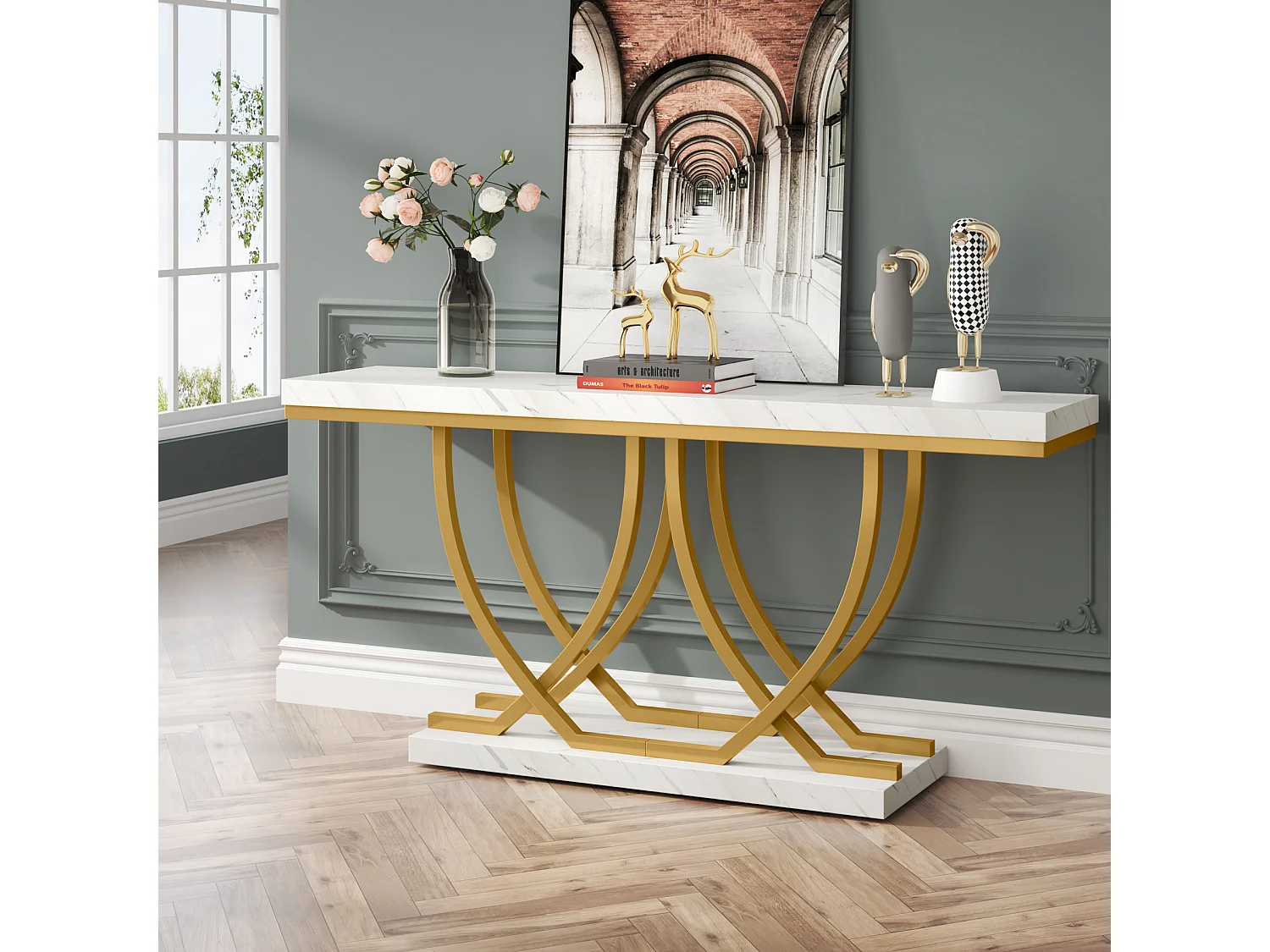 Table Console, Table d'entrée Moderne, Table de canapé doré derrière Le canapé