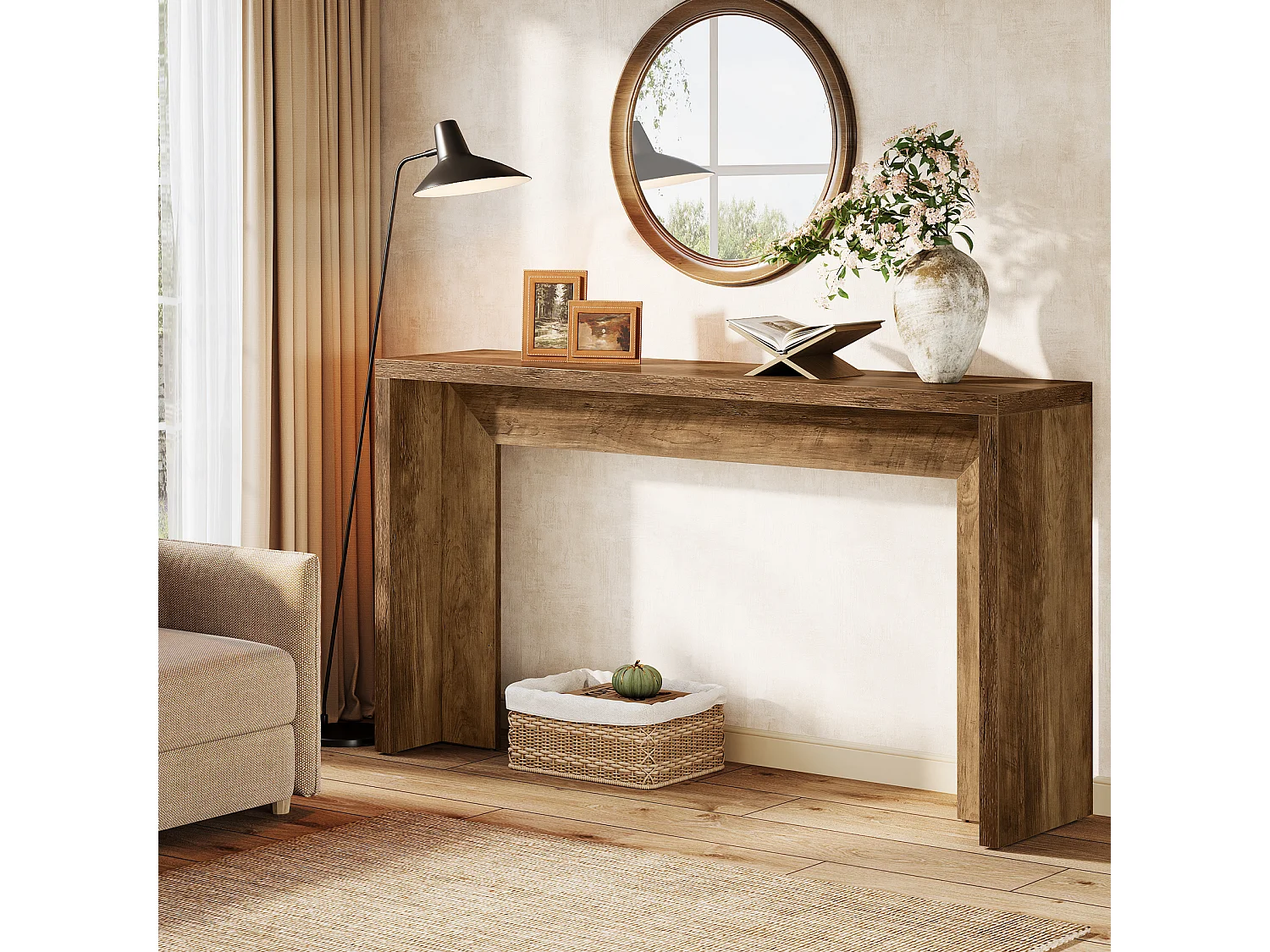 Boerderijconsoletafel, 140 cm houten salontafel met opbergruimte voor de hal