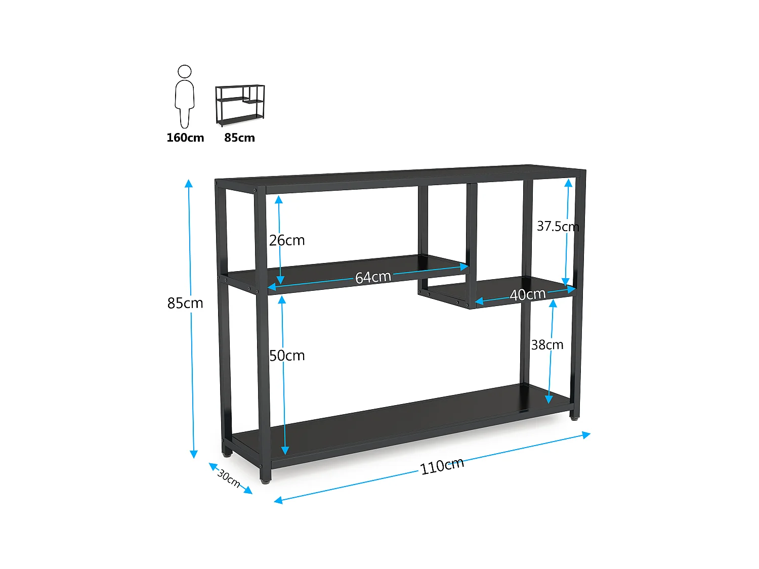 Petite Table d'entrée Noire avec Compartiments de Rangement, 108 cm
