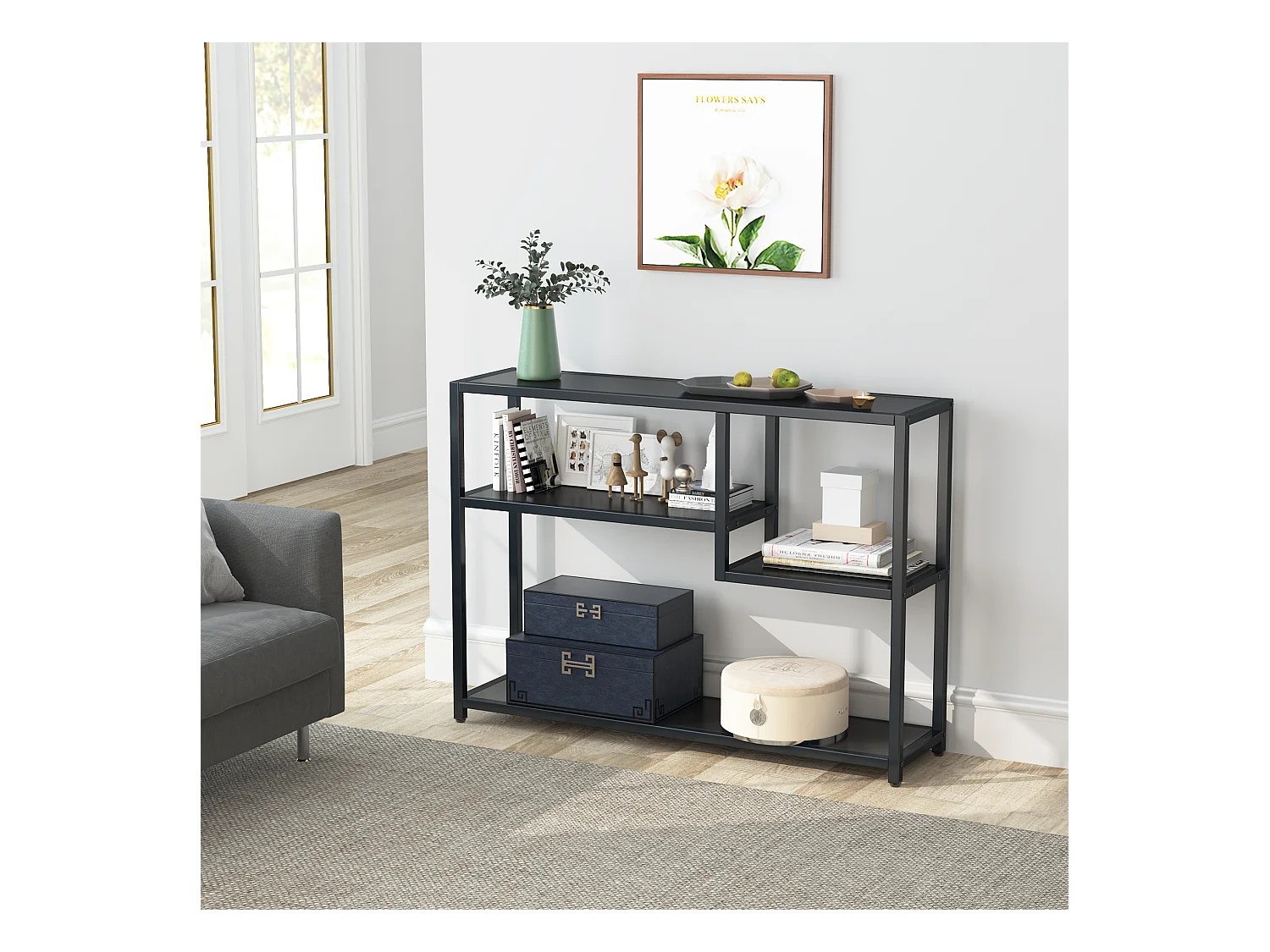 Petite Table d'entrée Noire avec Compartiments de Rangement, 108 cm