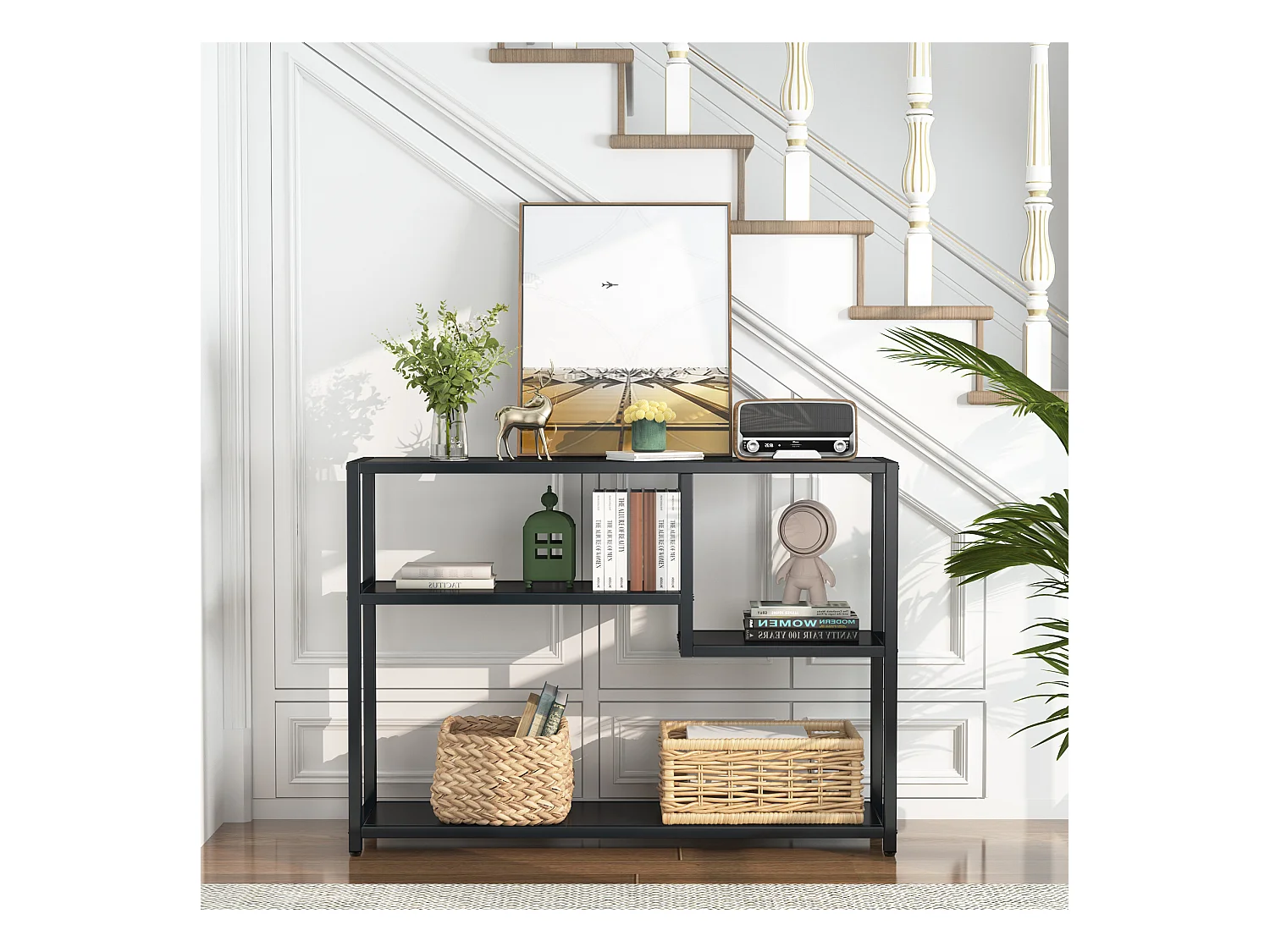 Petite Table d'entrée Noire avec Compartiments de Rangement, 108 cm