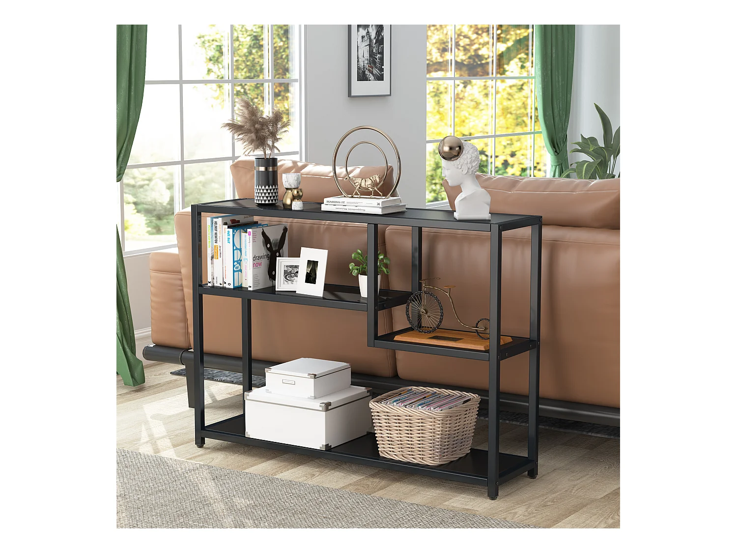 Petite Table d'entrée Noire avec Compartiments de Rangement, 108 cm