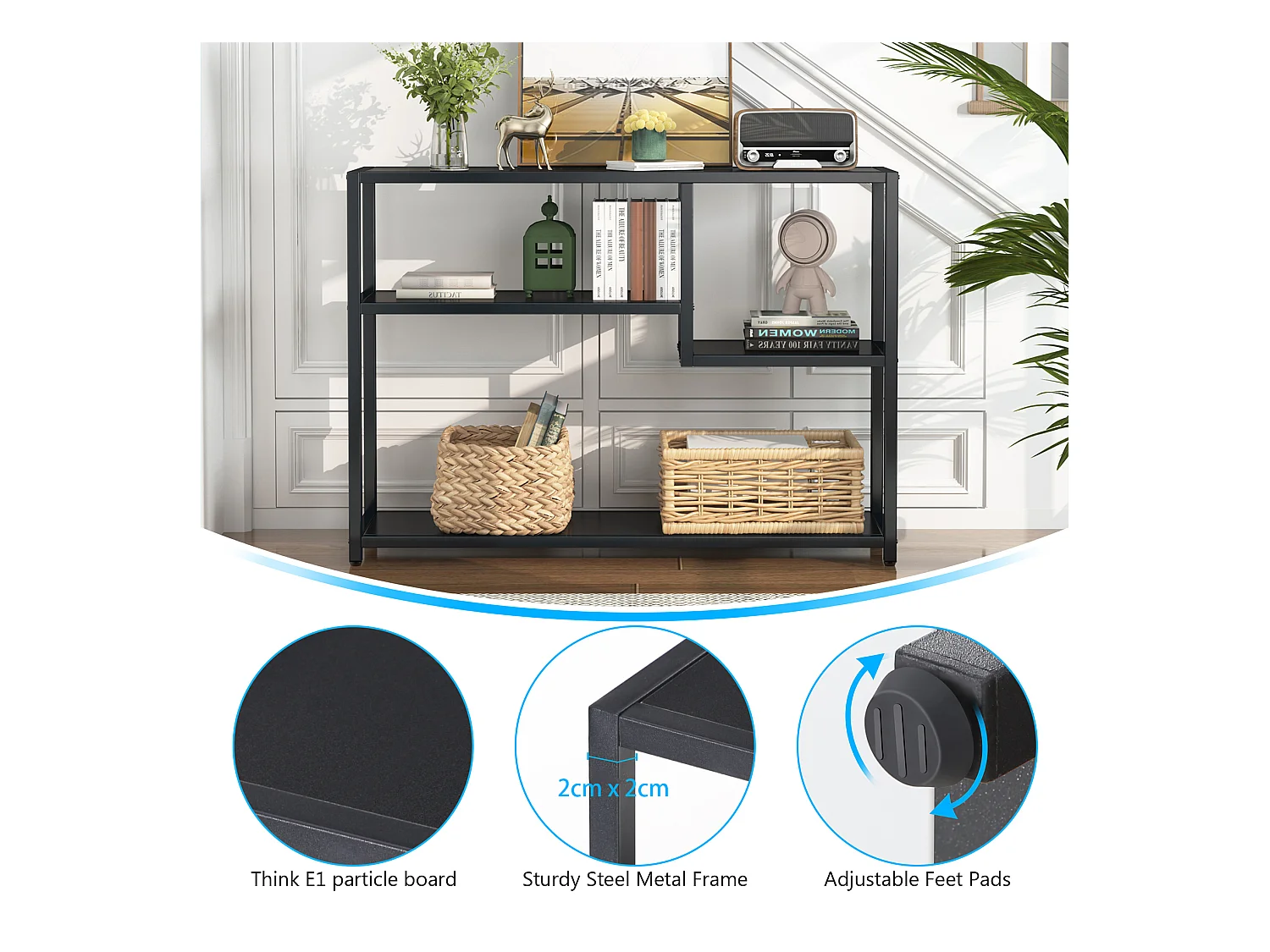 Petite Table d'entrée Noire avec Compartiments de Rangement, 108 cm