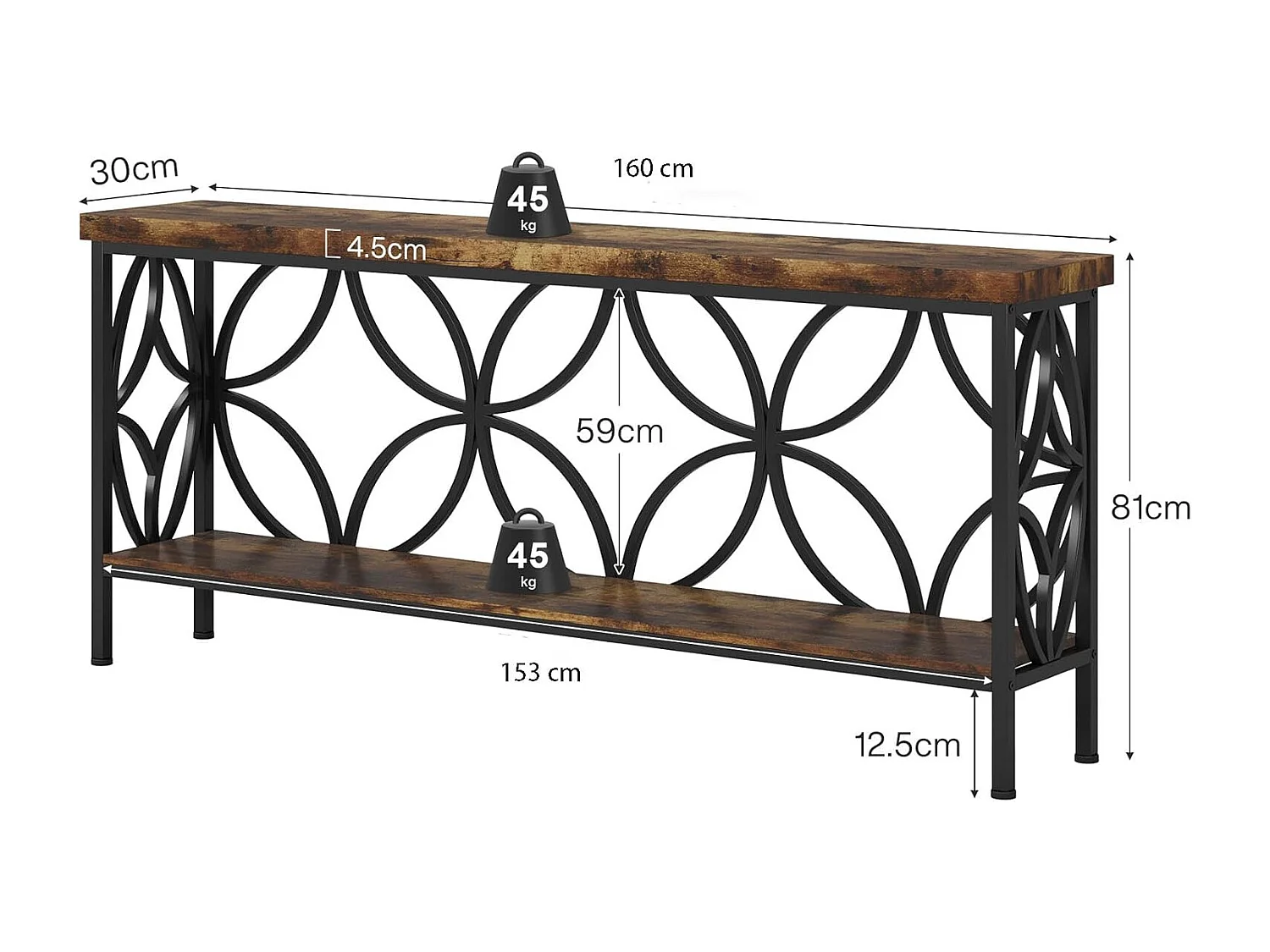 Table de canapé étroite de 160 cm - Table de canapé longue industrielle derrière le canapé