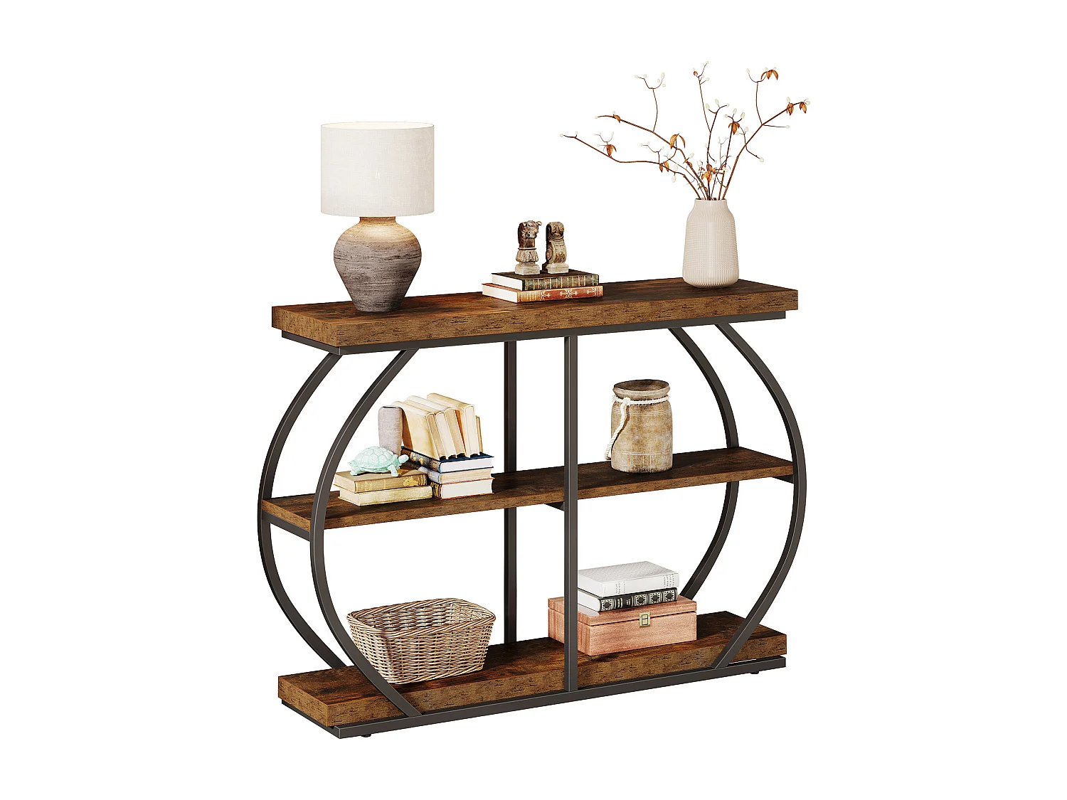 Table console industrielle à 3 niveaux avec cadre en métal arqué et étagères de rangement