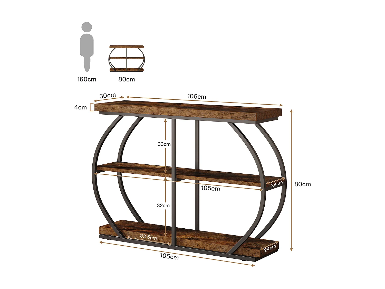 Table console industrielle à 3 niveaux avec cadre en métal arqué et étagères de rangement