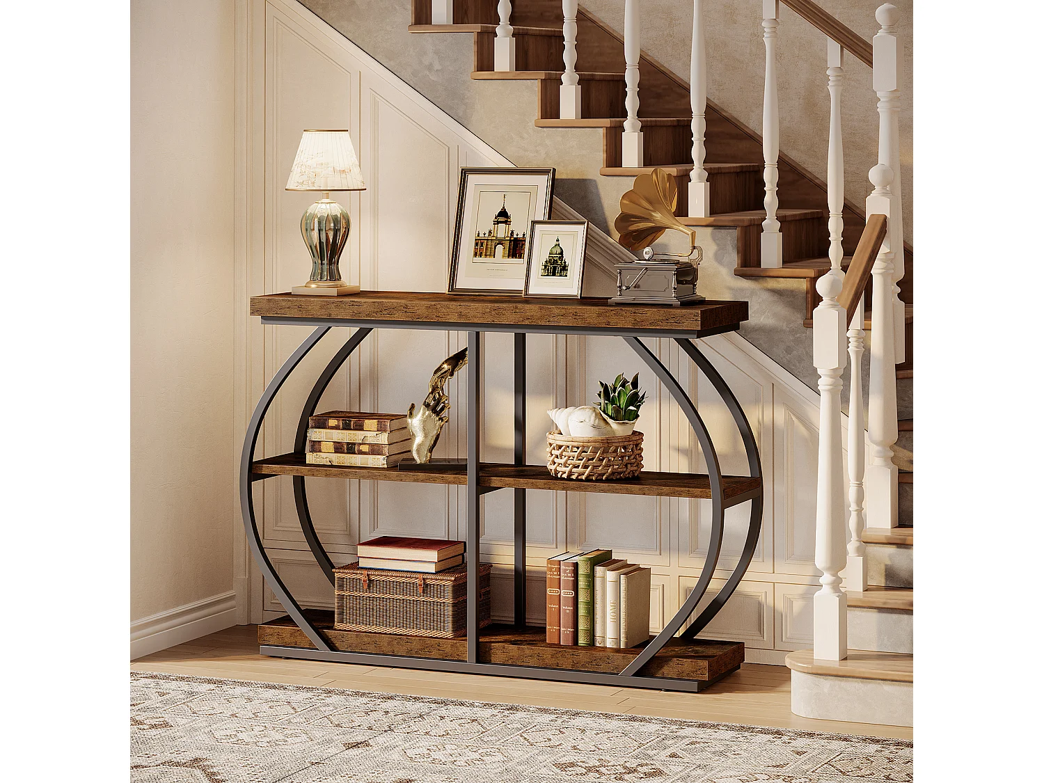 Table console industrielle à 3 niveaux avec cadre en métal arqué et étagères de rangement