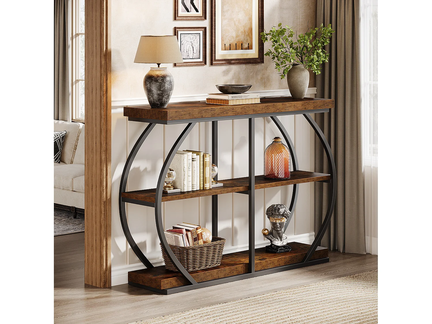 Table console industrielle à 3 niveaux avec cadre en métal arqué et étagères de rangement