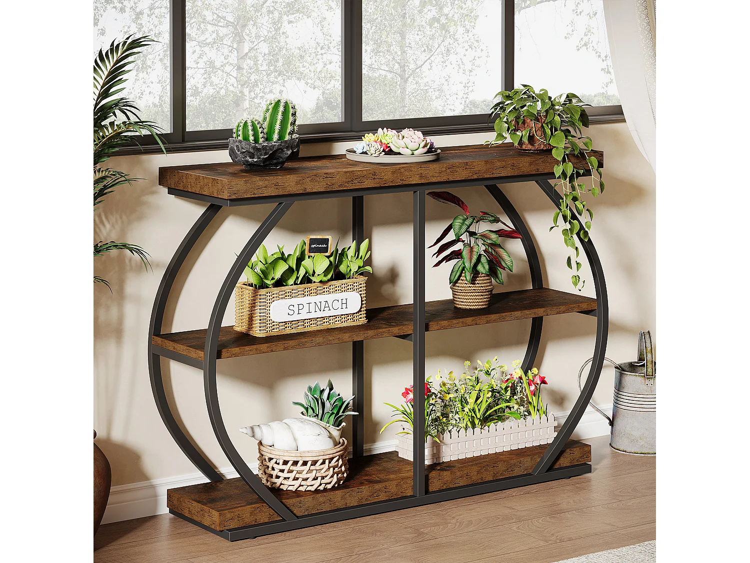 Table console industrielle à 3 niveaux avec cadre en métal arqué et étagères de rangement