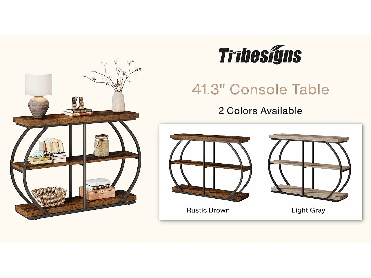 Table console industrielle à 3 niveaux avec cadre en métal arqué et étagères de rangement