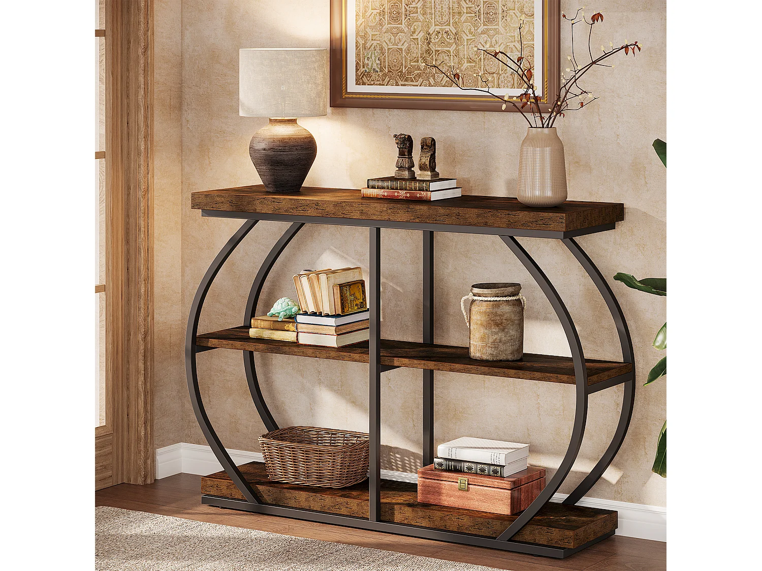 Table console industrielle à 3 niveaux avec cadre en métal arqué et étagères de rangement