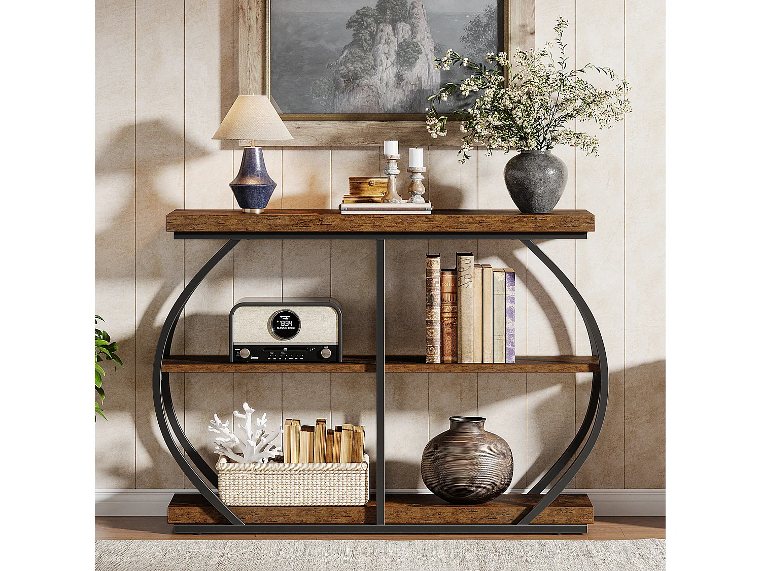 Table console industrielle à 3 niveaux avec cadre en métal arqué et étagères de rangement