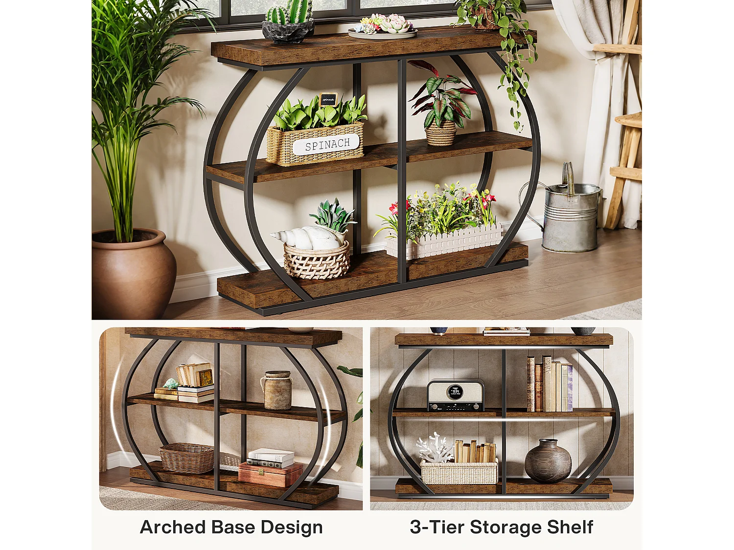Table console industrielle à 3 niveaux avec cadre en métal arqué et étagères de rangement