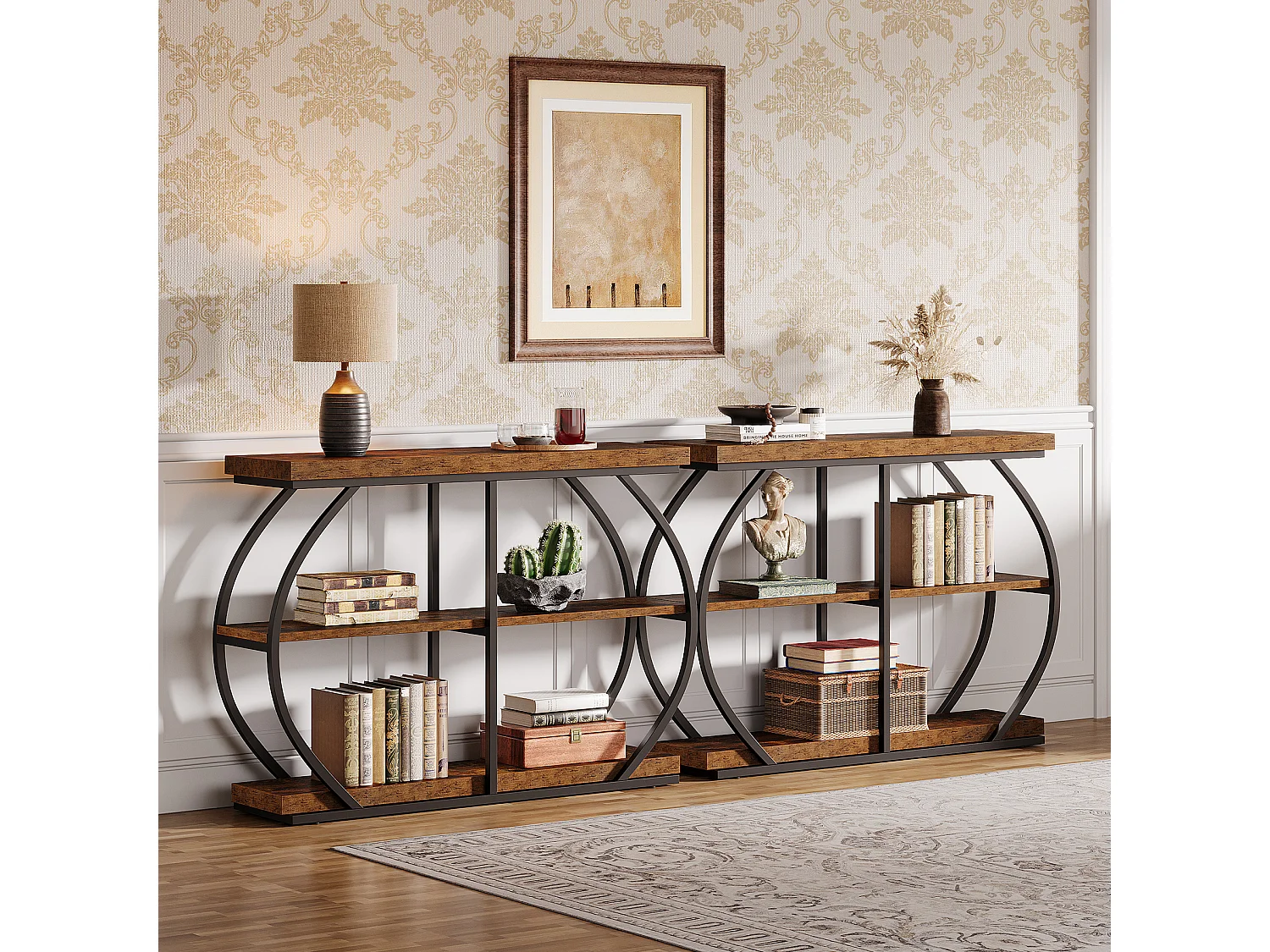 Table console industrielle à 3 niveaux avec cadre en métal arqué et étagères de rangement