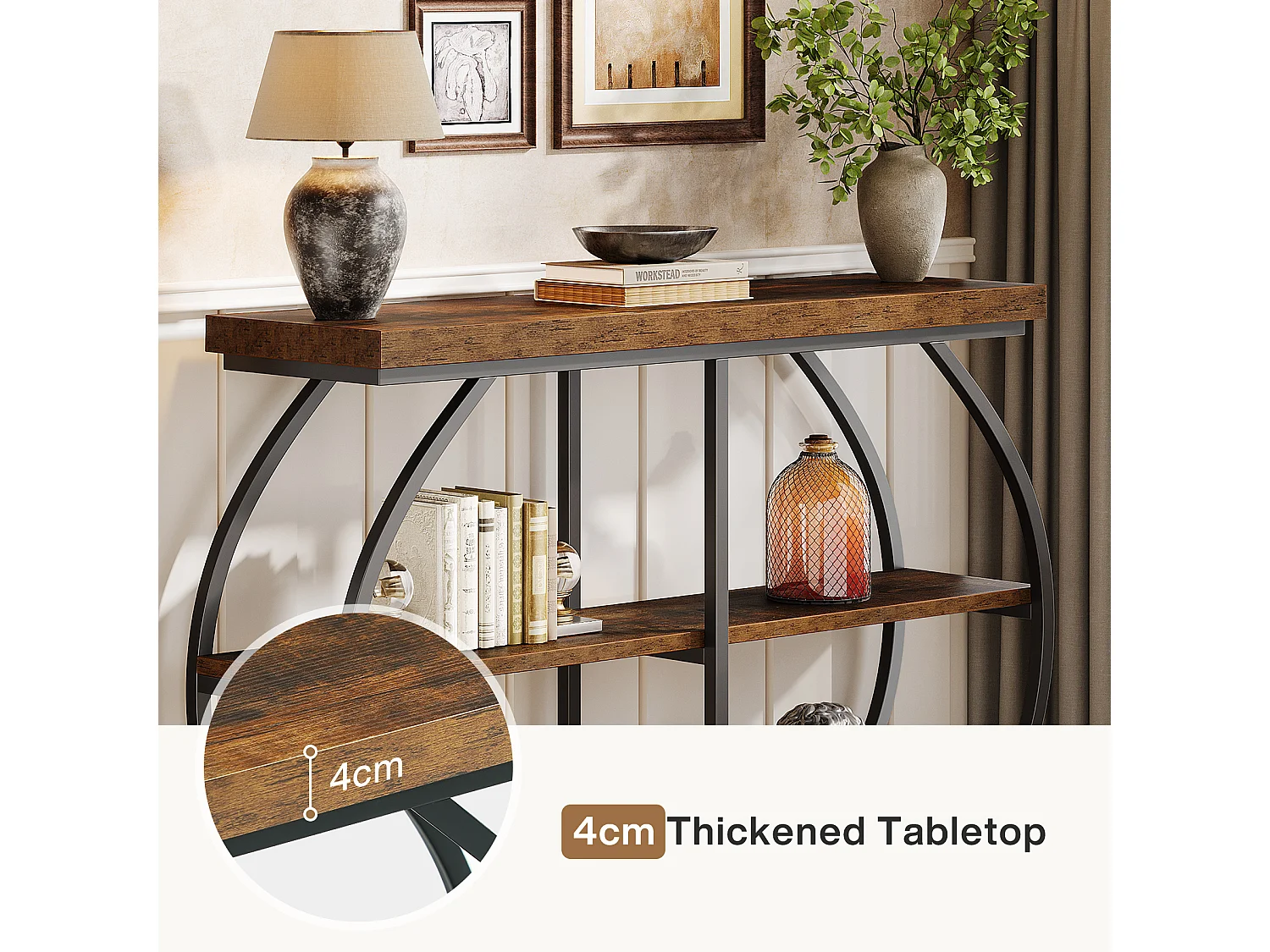 Table console industrielle à 3 niveaux avec cadre en métal arqué et étagères de rangement