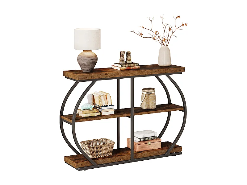 Table console industrielle à 3 niveaux avec cadre en métal arqué et étagères de rangement