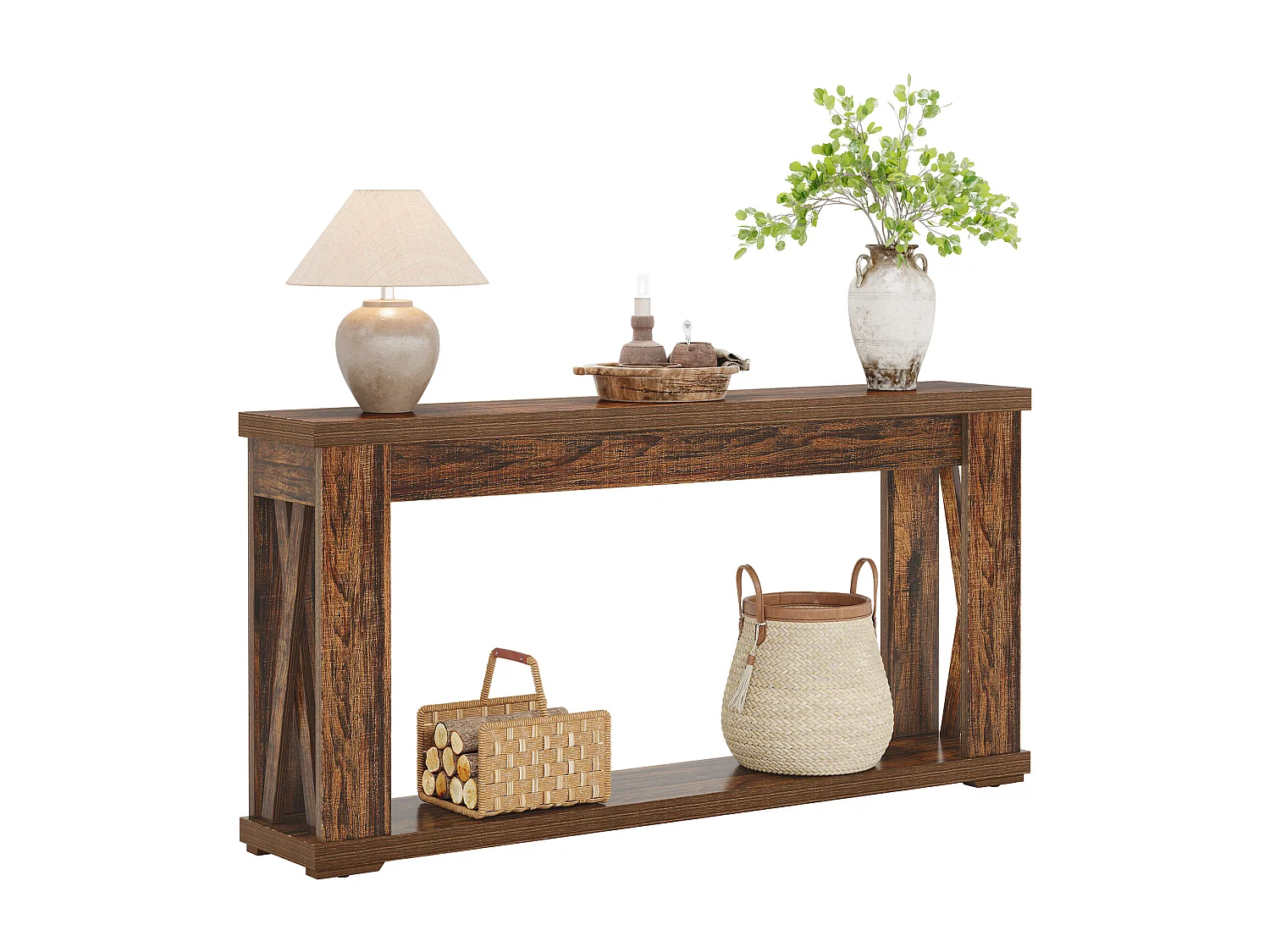 Table Console de 160 cm avec étagères de Rangement, Table d'entrée de Ferme à 2 Niveaux