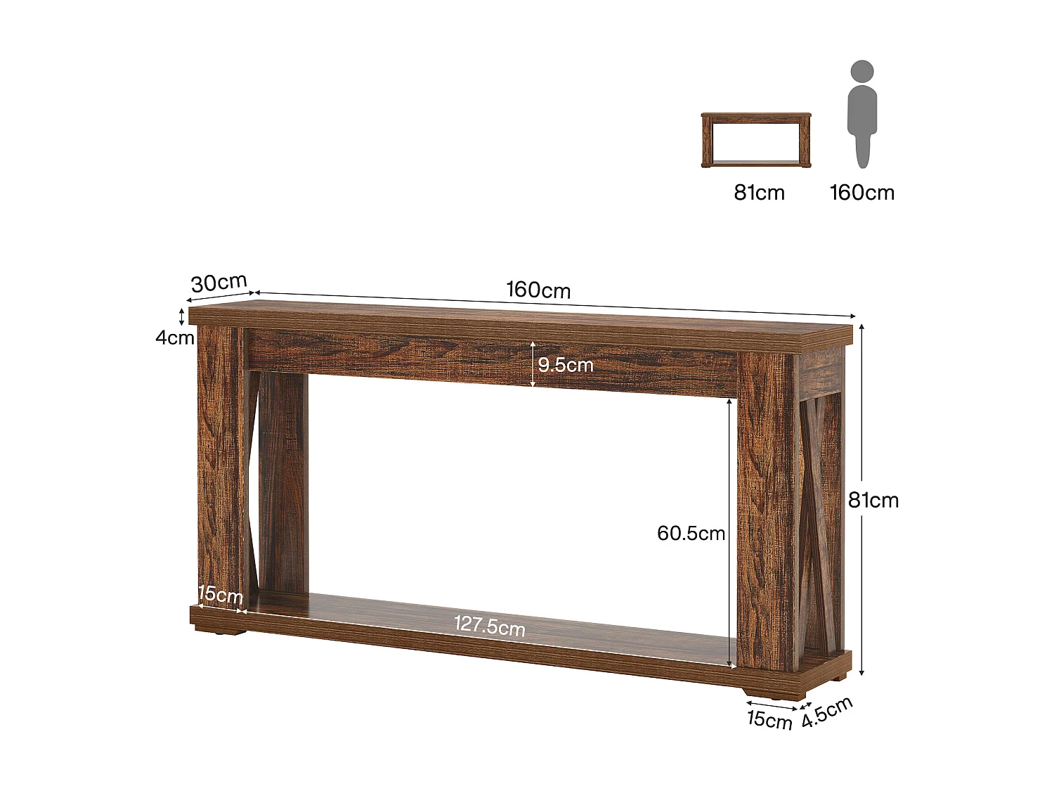 Table Console de 160 cm avec étagères de Rangement, Table d'entrée de Ferme à 2 Niveaux
