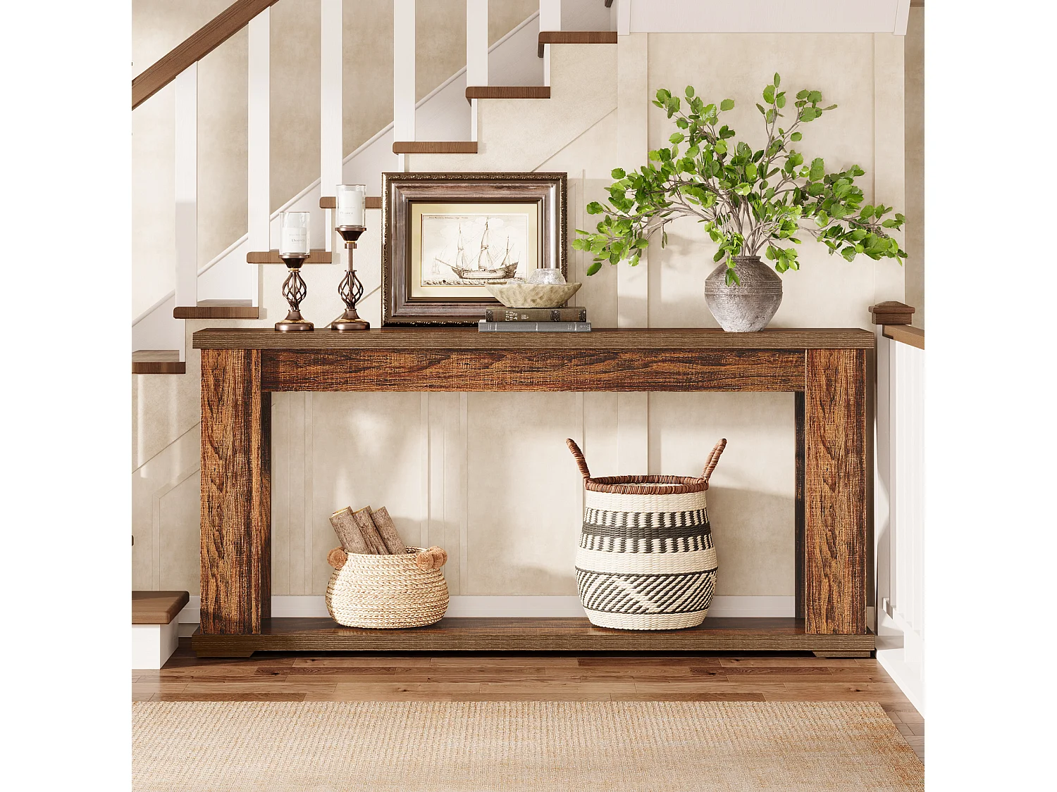 Table Console de 160 cm avec étagères de Rangement, Table d'entrée de Ferme à 2 Niveaux