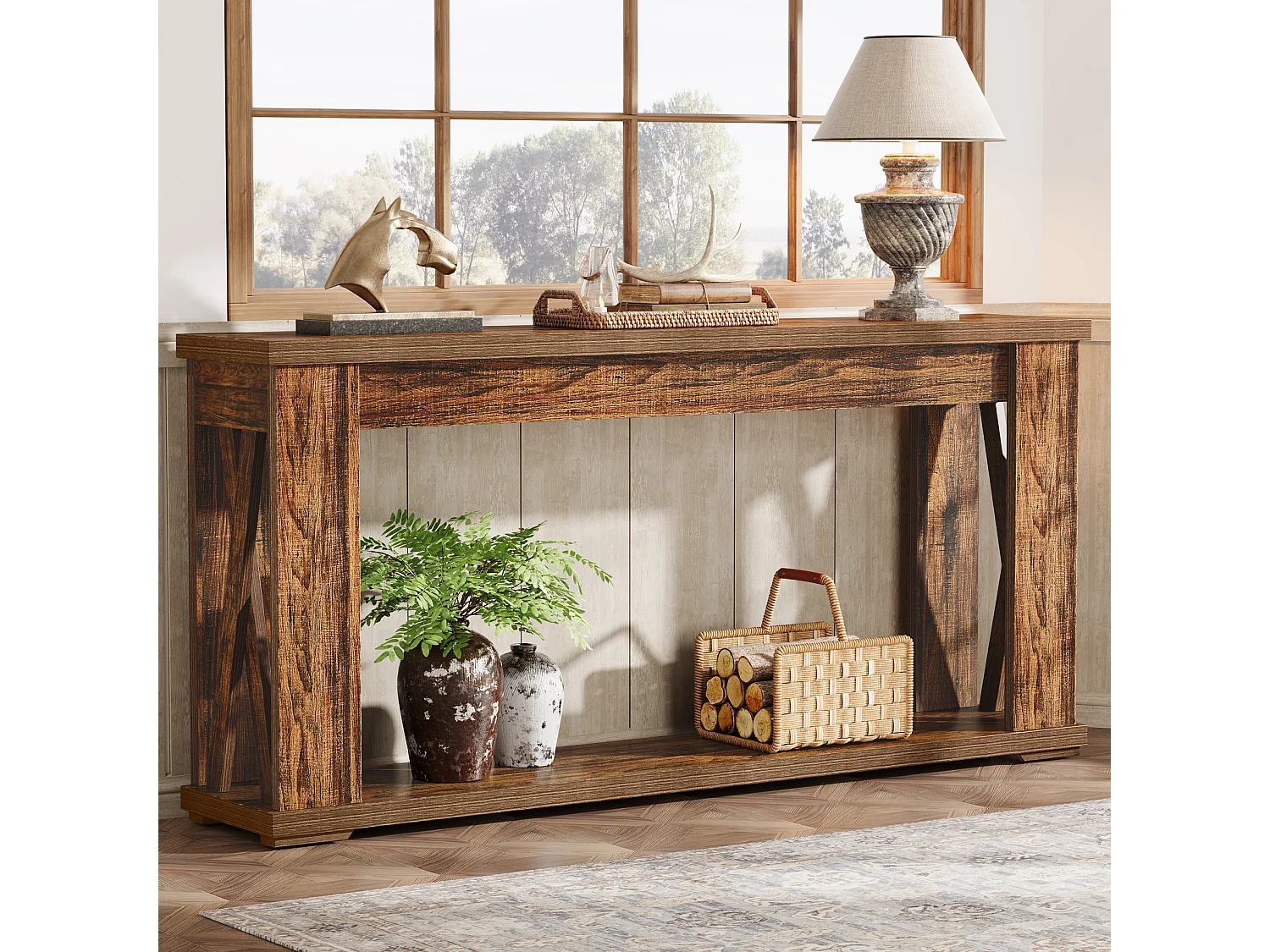 Table Console de 160 cm avec étagères de Rangement, Table d'entrée de Ferme à 2 Niveaux