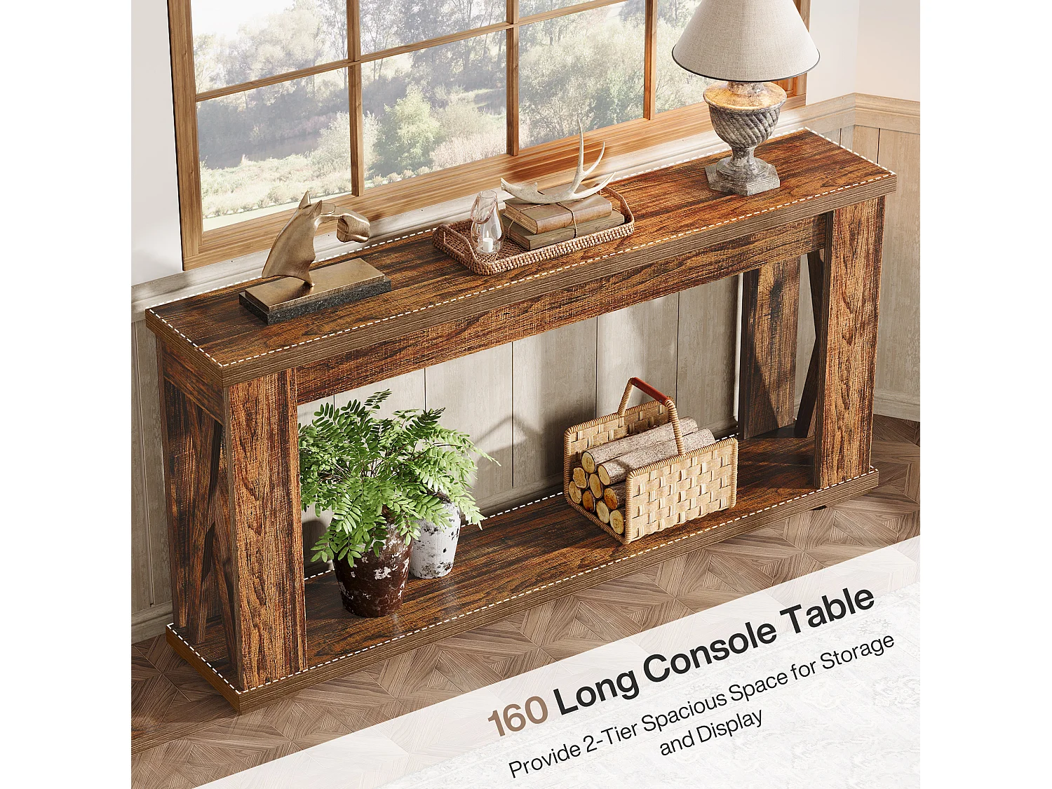 Table Console de 160 cm avec étagères de Rangement, Table d'entrée de Ferme à 2 Niveaux