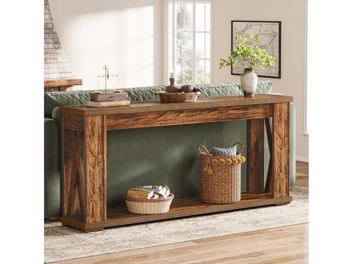 Table Console de 160 cm avec étagères de Rangement, Table d'entrée de Ferme à 2 Niveaux