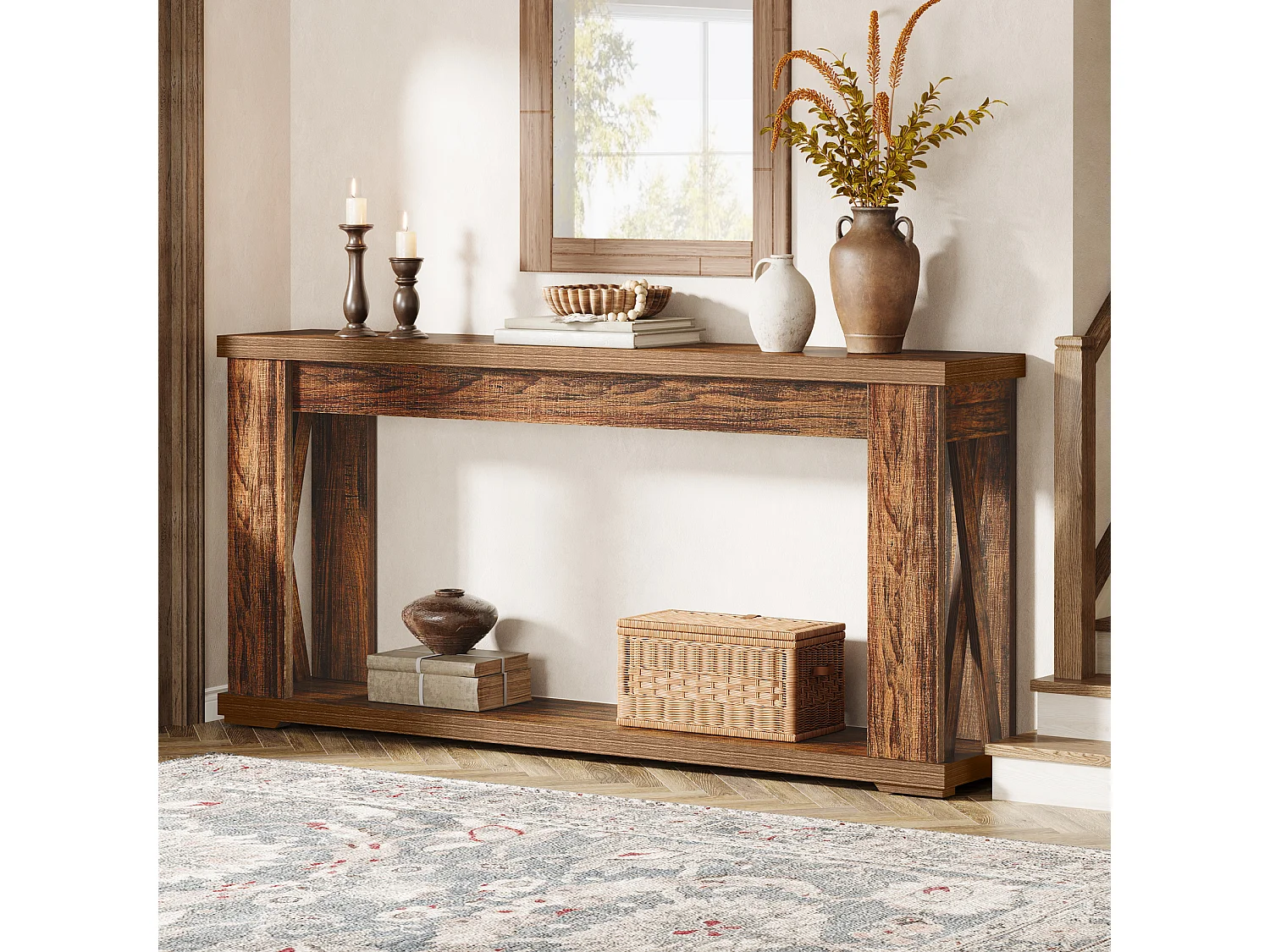 Table Console de 160 cm avec étagères de Rangement, Table d'entrée de Ferme à 2 Niveaux