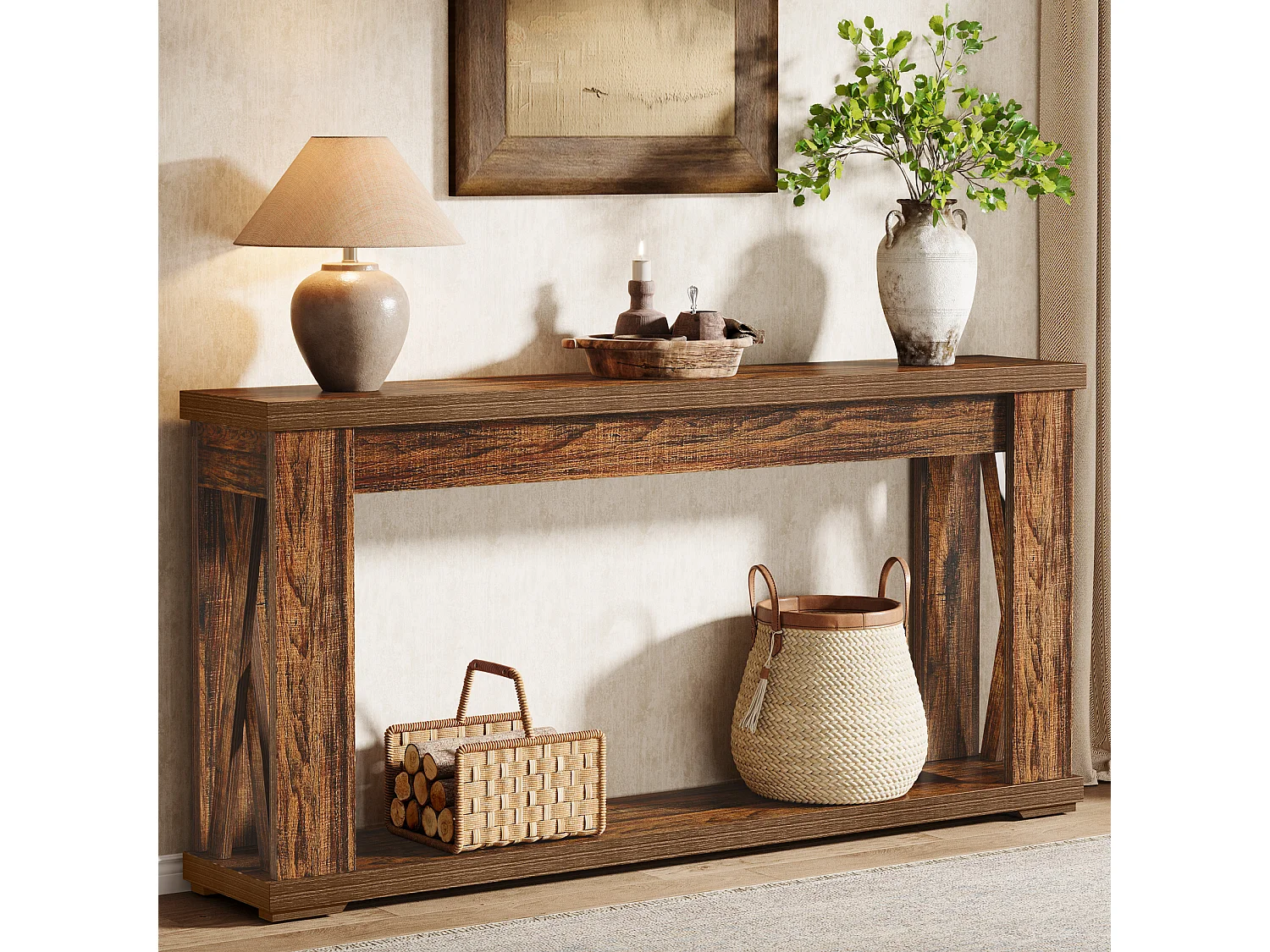 Table Console de 160 cm avec étagères de Rangement, Table d'entrée de Ferme à 2 Niveaux