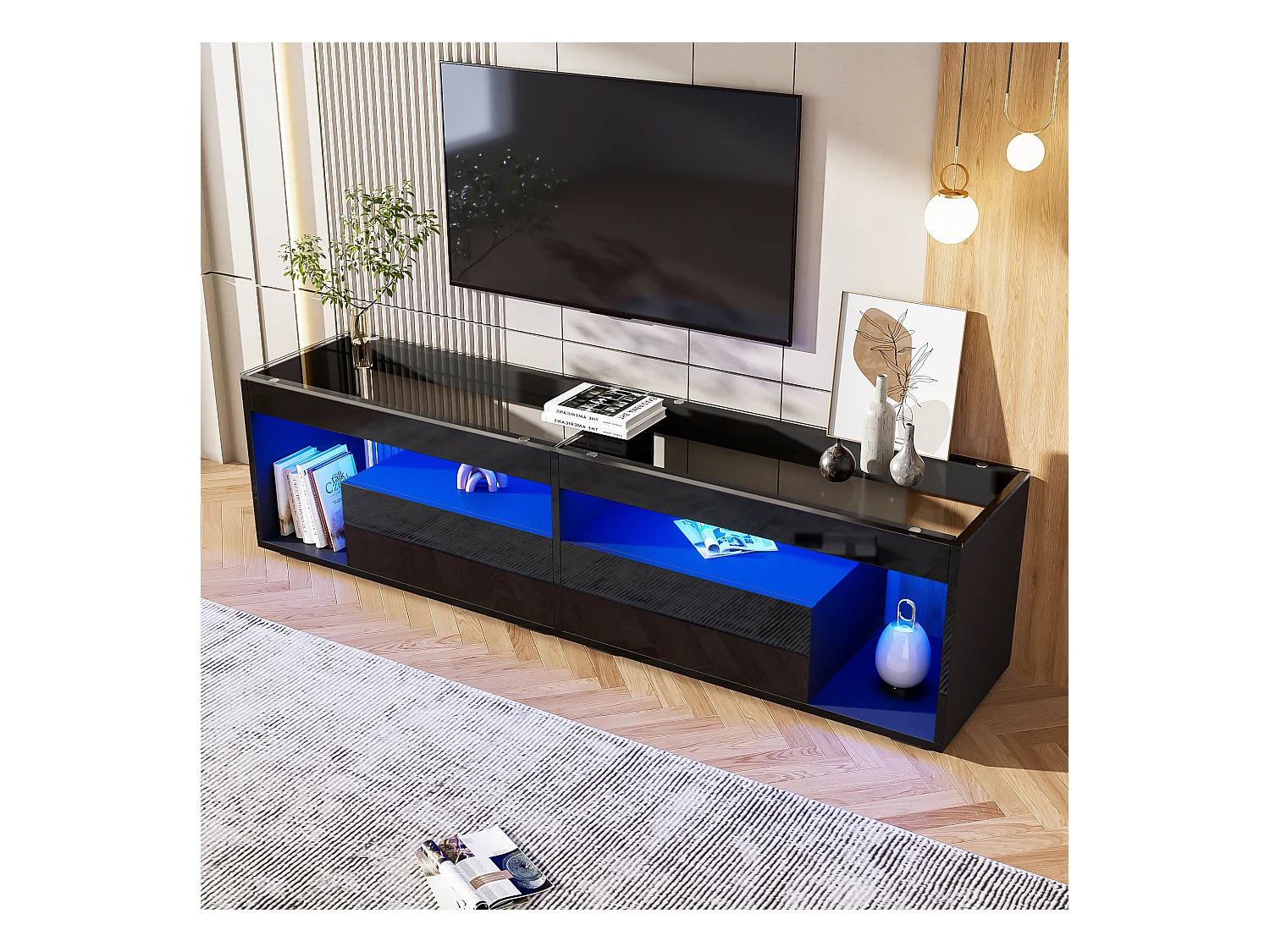 TV-Bank hochglanz - 180 x 40 x 46 cm - mit 2 Schubladen + LEDs - Spanplatte - natur