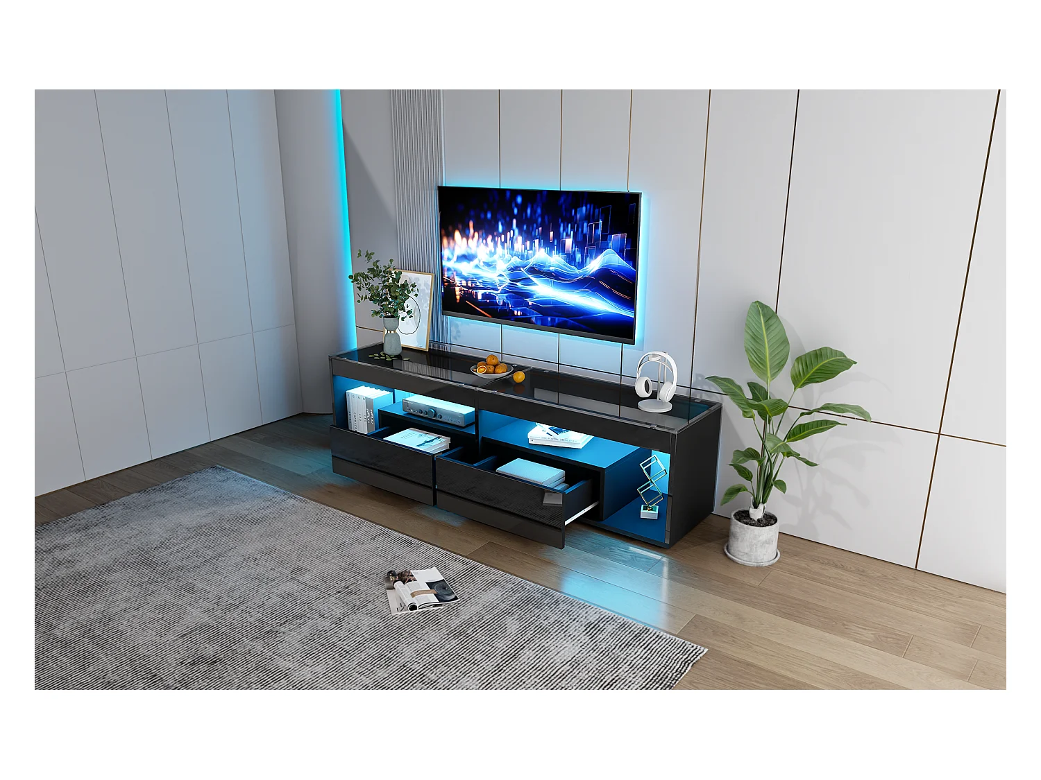 TV-Bank hochglanz - 180 x 40 x 46 cm - mit 2 Schubladen + LEDs - Spanplatte - natur