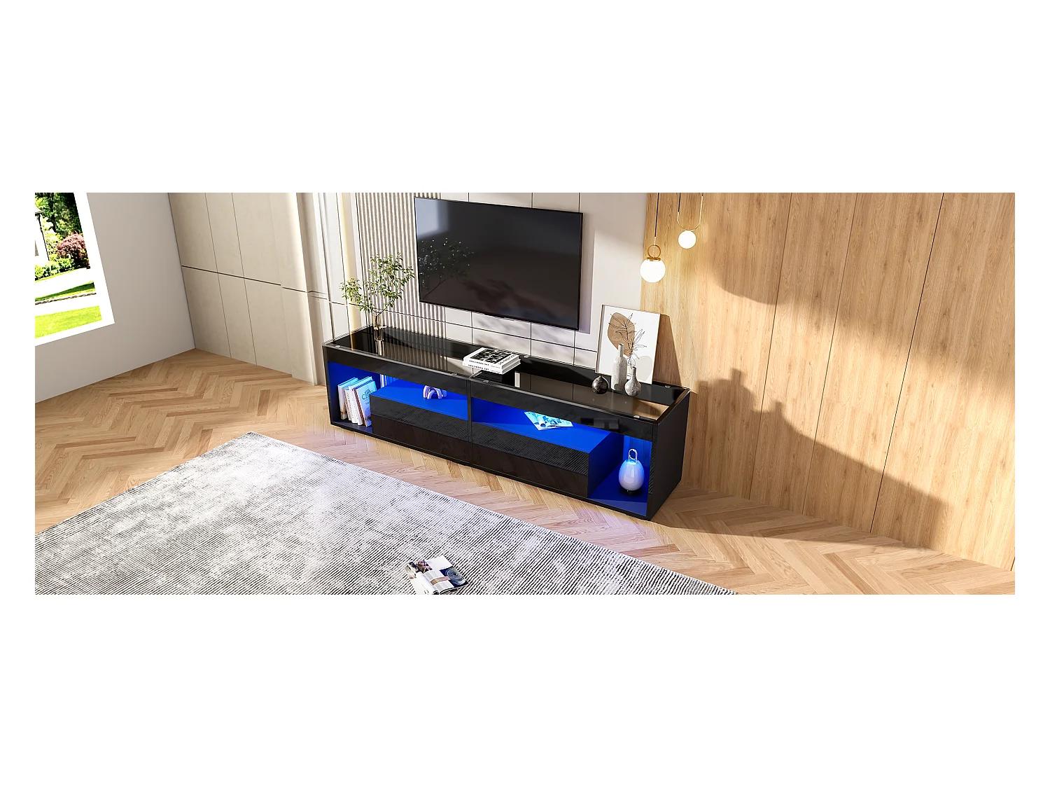 TV-Bank hochglanz - 180 x 40 x 46 cm - mit 2 Schubladen + LEDs - Spanplatte - natur