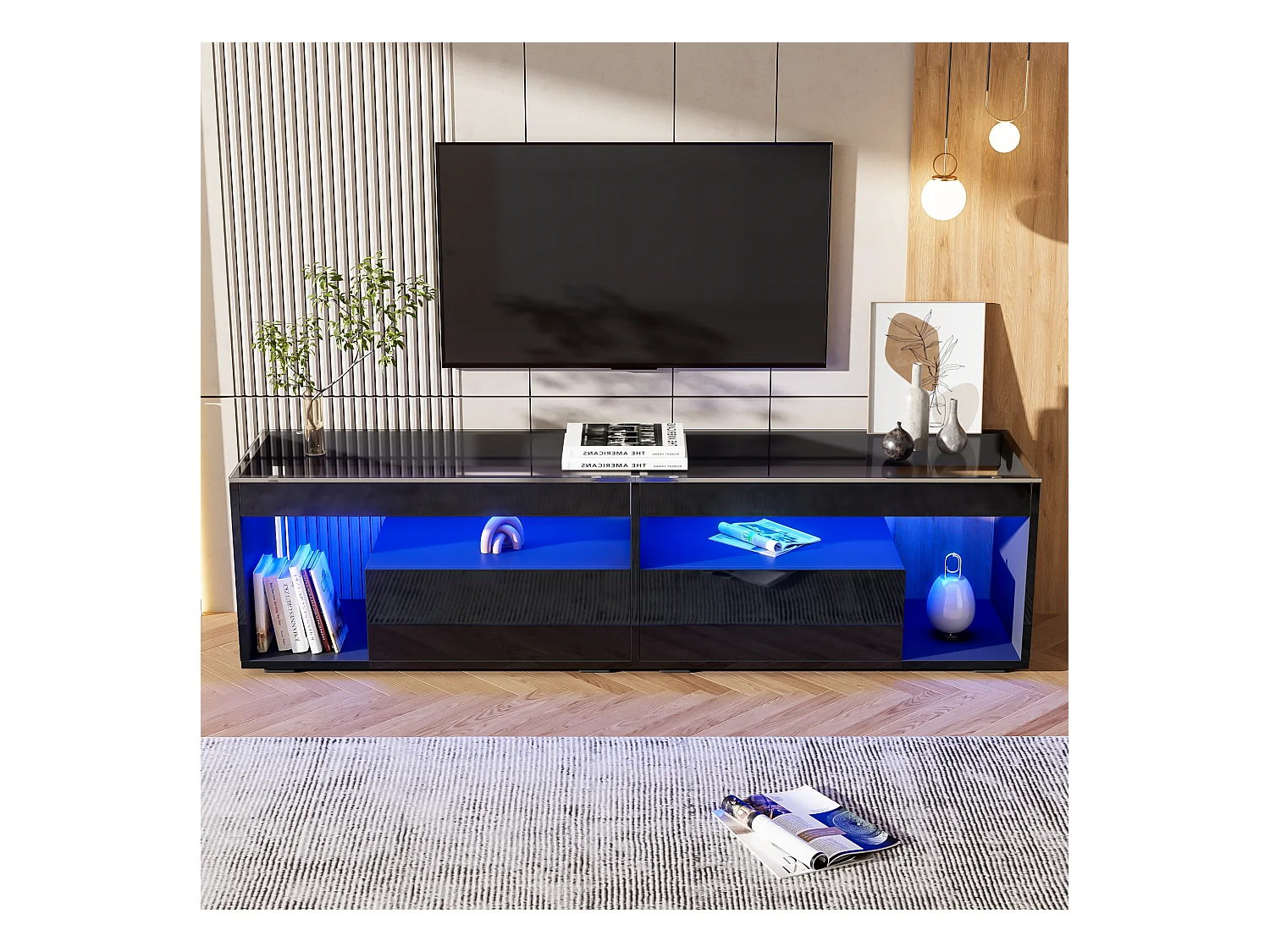 Meuble banc TV brillant - 180 x 40 x 46 cm - avec 2 tiroirs + Leds - aggloméré - noir