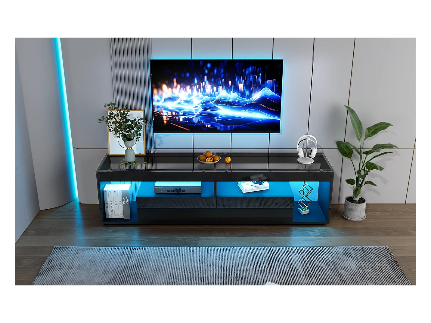 Meuble banc TV brillant - 180 x 40 x 46 cm - avec 2 tiroirs + Leds - aggloméré - noir