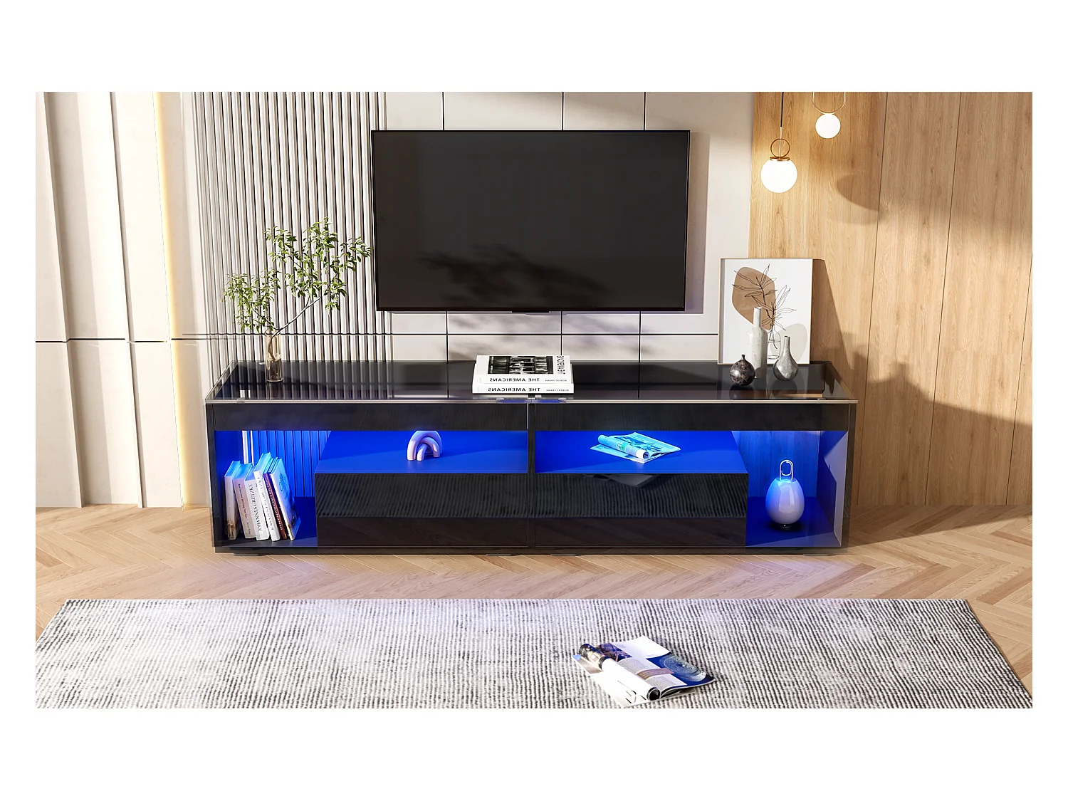 Meuble banc TV brillant - 180 x 40 x 46 cm - avec 2 tiroirs + Leds - aggloméré - noir