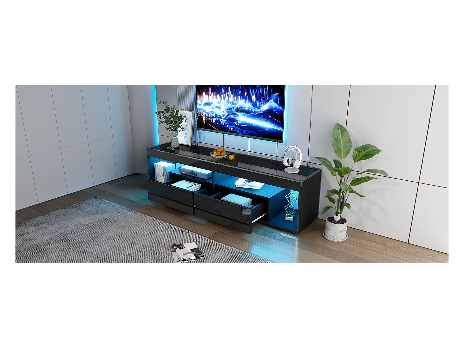 Meuble banc TV brillant - 180 x 40 x 46 cm - avec 2 tiroirs + Leds - aggloméré - noir