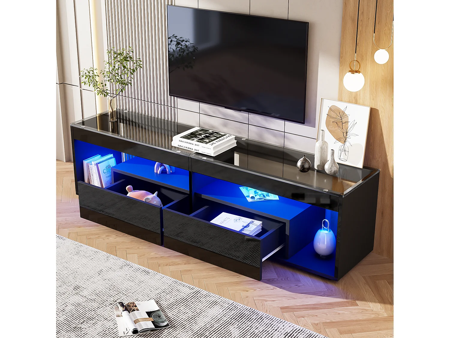 Meuble banc TV brillant - 180 x 40 x 46 cm - avec 2 tiroirs + Leds - aggloméré - noir