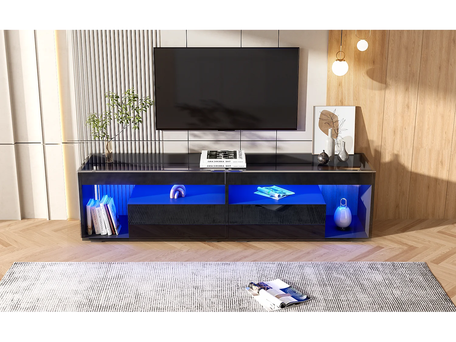 Glanzende tv-meubel - 180 x 40 x 46 cm - met 2 lades + led's - spaanplaat - naturel
