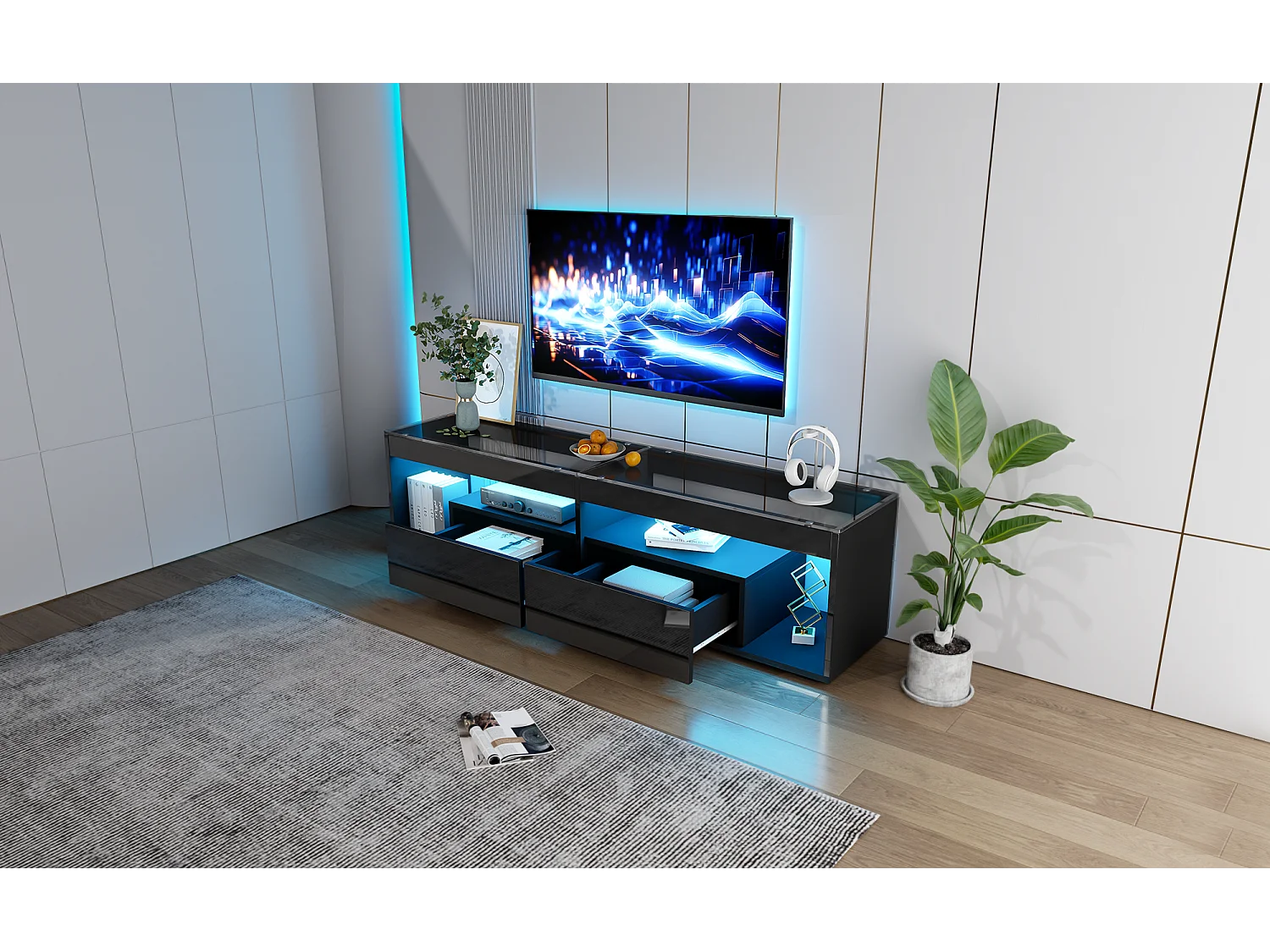 Glanzende tv-meubel - 180 x 40 x 46 cm - met 2 lades + led's - spaanplaat - naturel