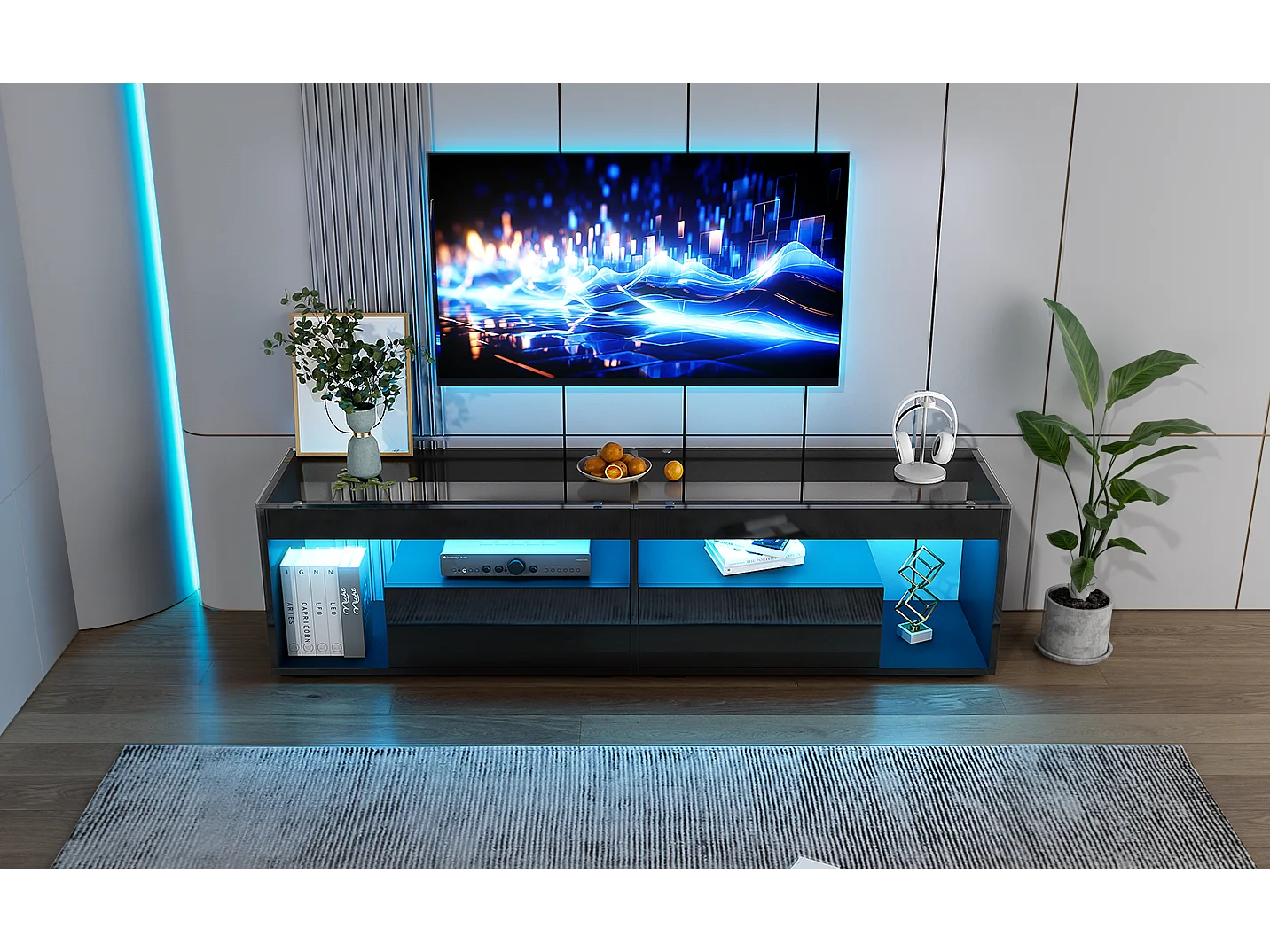 Glanzende tv-meubel - 180 x 40 x 46 cm - met 2 lades + led's - spaanplaat - naturel
