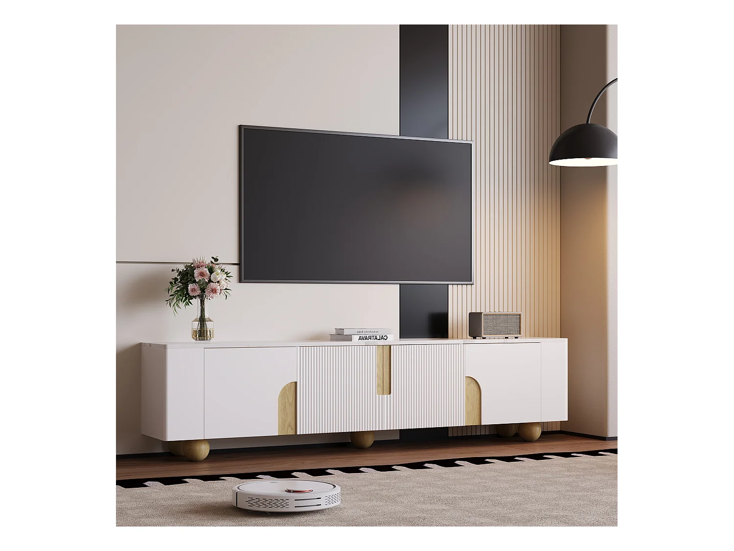 Meuble Banc TV - 180 x 40 x 44 cm - avec 4 portes - pieds sphériques - Panneau de particules + MDF - blanc